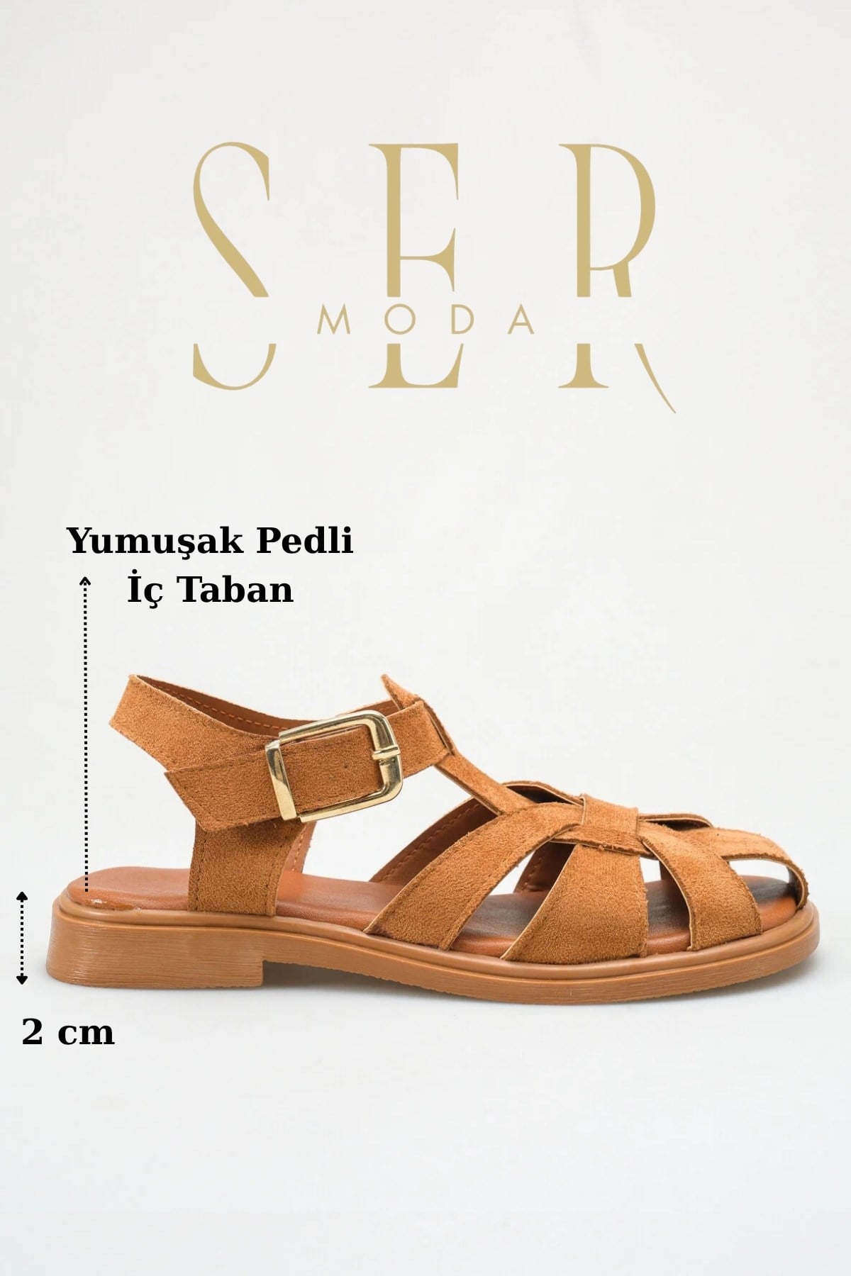 SERMODA , Sandalet , Kadın Kapalı Sandalet - Kapalı Burun Tokalı Düz Taban Kadın Sandalet Süet Taba