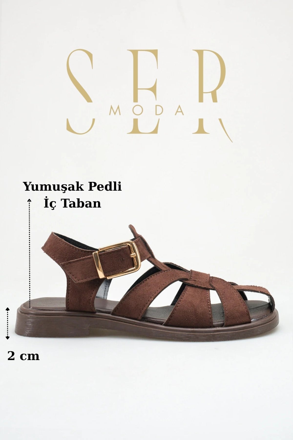 SERMODA , Sandalet , Kadın Kapalı Sandalet - Kapalı Burun Tokalı Düz Taban Kadın Sandalet Süet Kahve