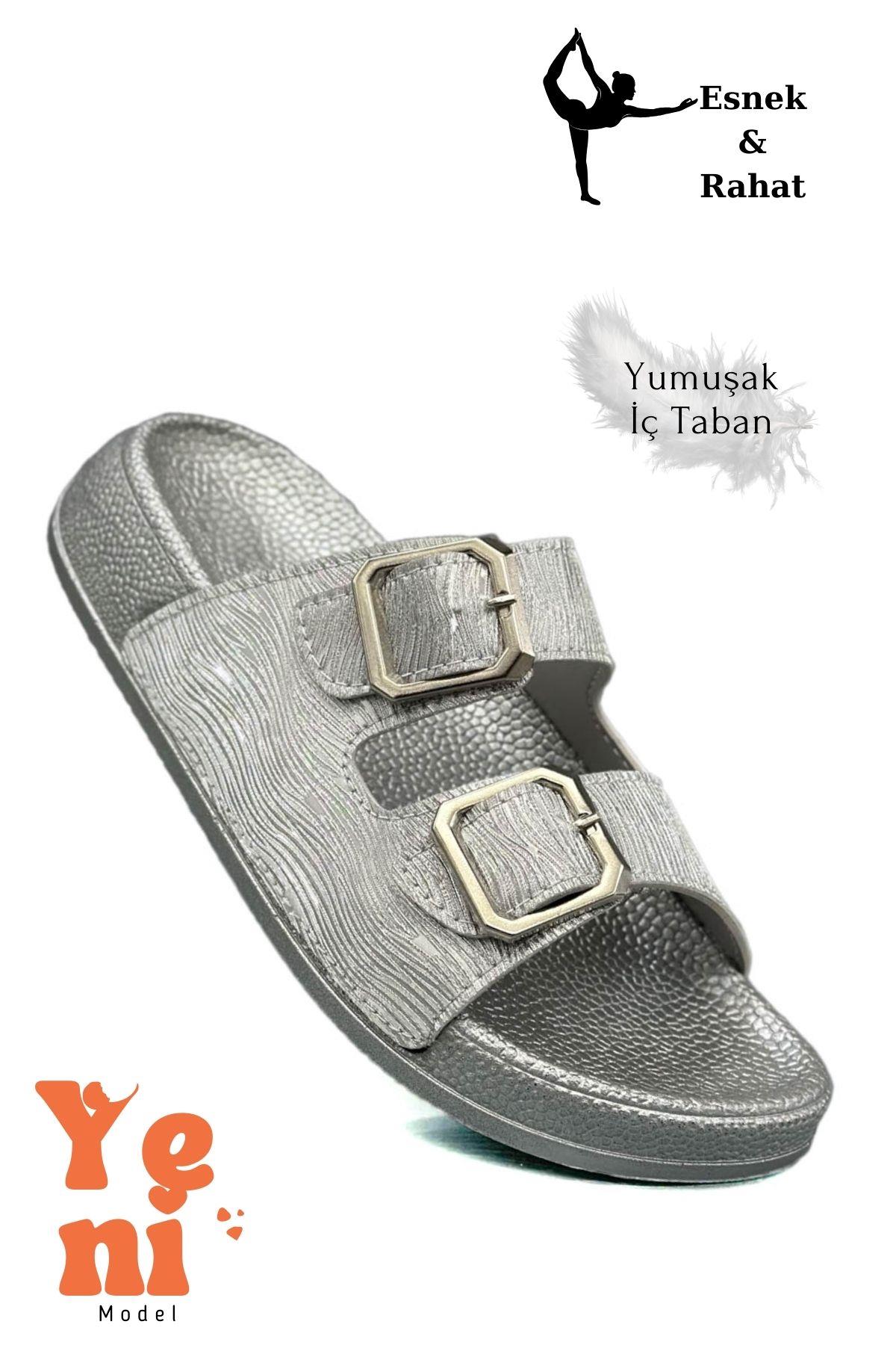 SERMODA , Terlik , Kadın Telik Çift Toka Yumuşak ve Esnek Tabanlı Kadın Teliği Günlük Kullanım Gümüş