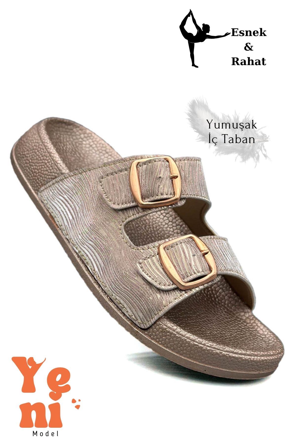 SERMODA , Terlik , Kadın Telik Çift Toka Yumuşak ve Esnek Tabanlı Kadın Teliği Günlük Kullanım Bronz