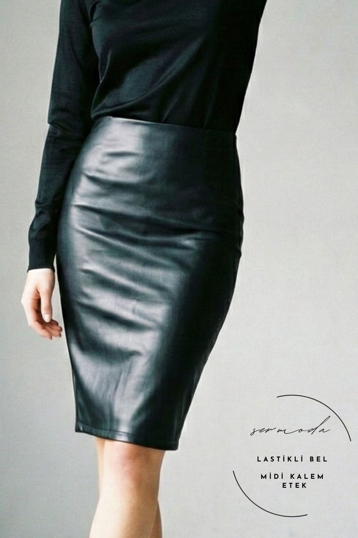 SERMODA , Etek , Kalem Deri Etek - Bel Lastikli Slim Fit Midi Kalem Etek UD Siyah