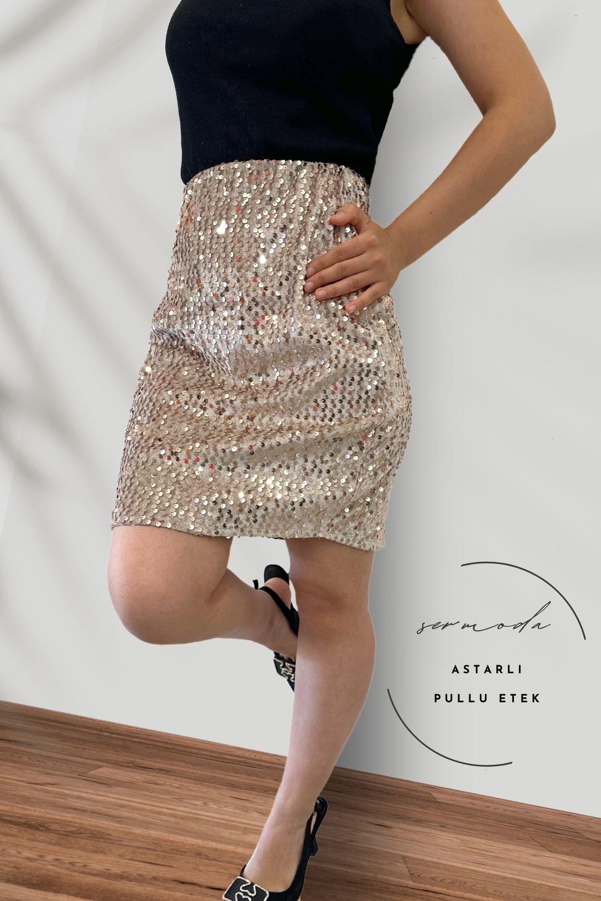 SERMODA , Etek , Pullu & Astarlı Pullu Mini Etek - 47 cm Uzunlukta Abiye Etek Likralı & Esnek Etek Vizon