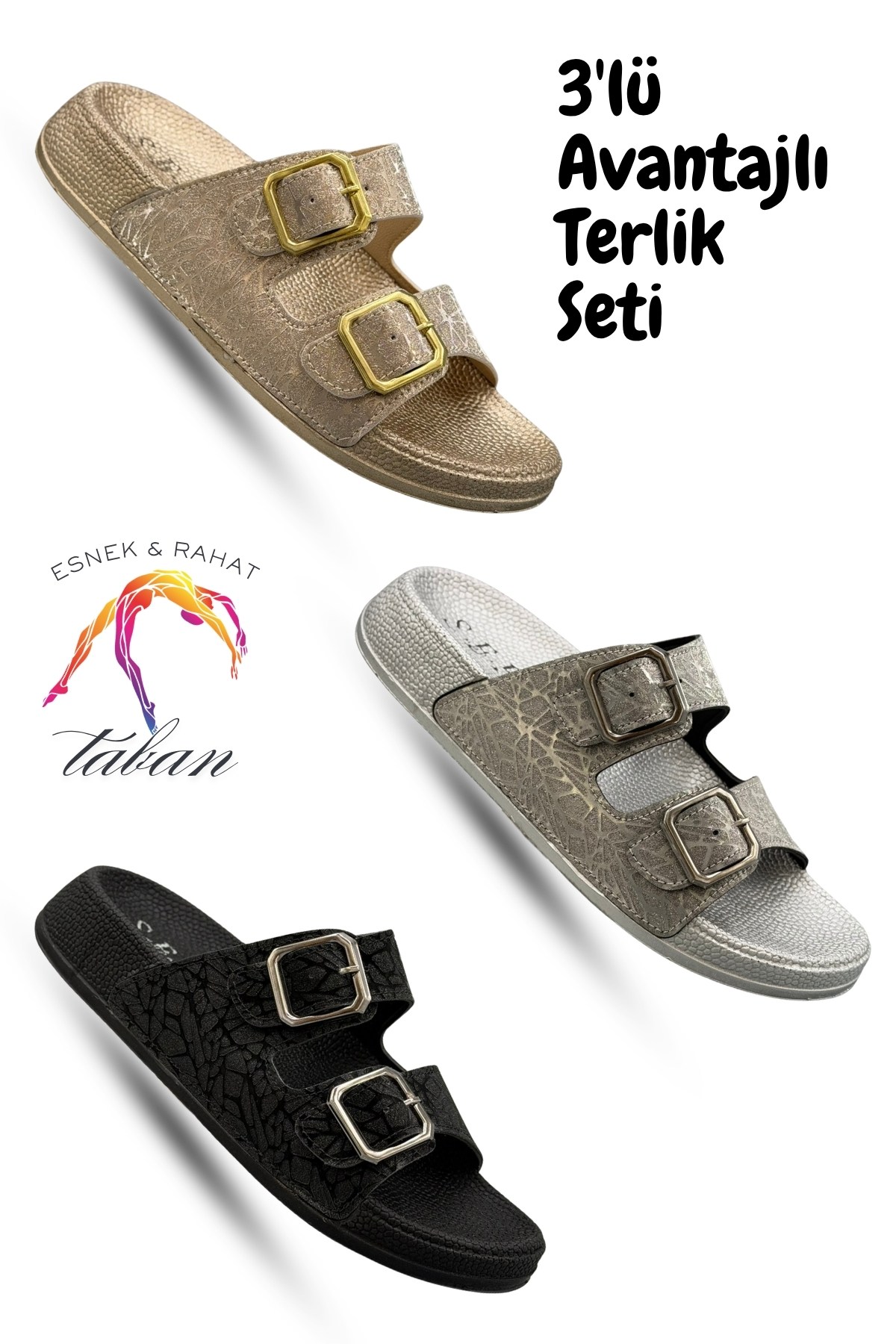 SERMODA , Terlik , Sermoda 3 lü Kadın Terlik Seti  – Ayarlanabilir Çift Tokalı Rahat Kadın Terlik