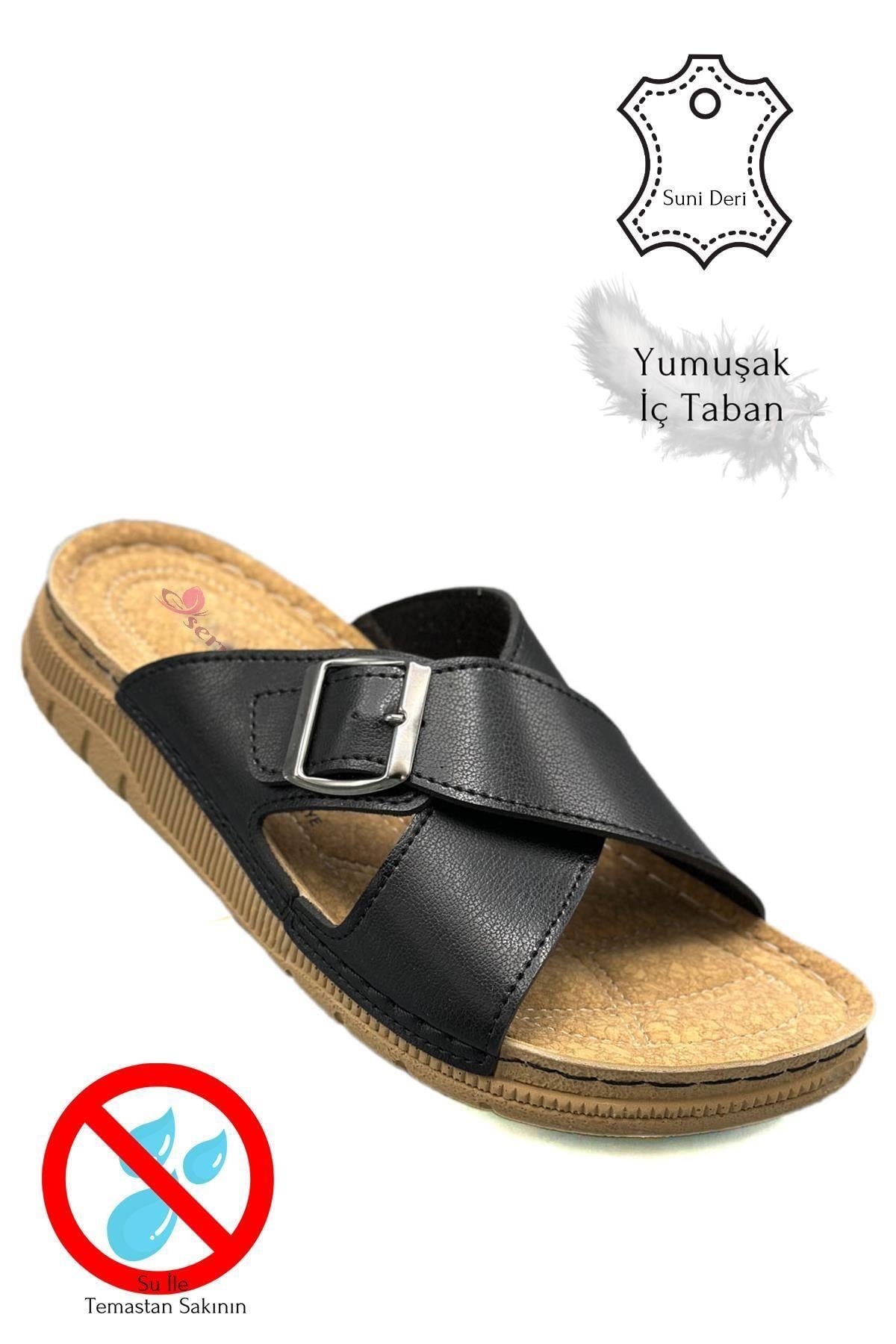 SERMODA , Terlik , Sermoda Çapraz Bant Tokalı Çift Bant Hafif Tabanlı Suni Deri Erkek Terlik 521 Siyah