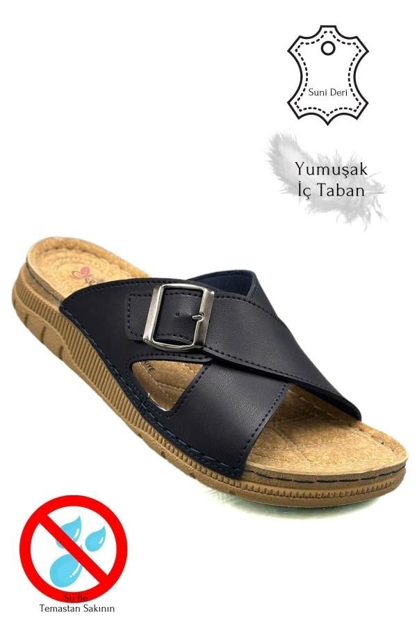 SERMODA , Terlik , Sermoda Çapraz Bant Tokalı Çift Bant Hafif Tabanlı Suni Deri Erkek Terlik 521 Lacivert
