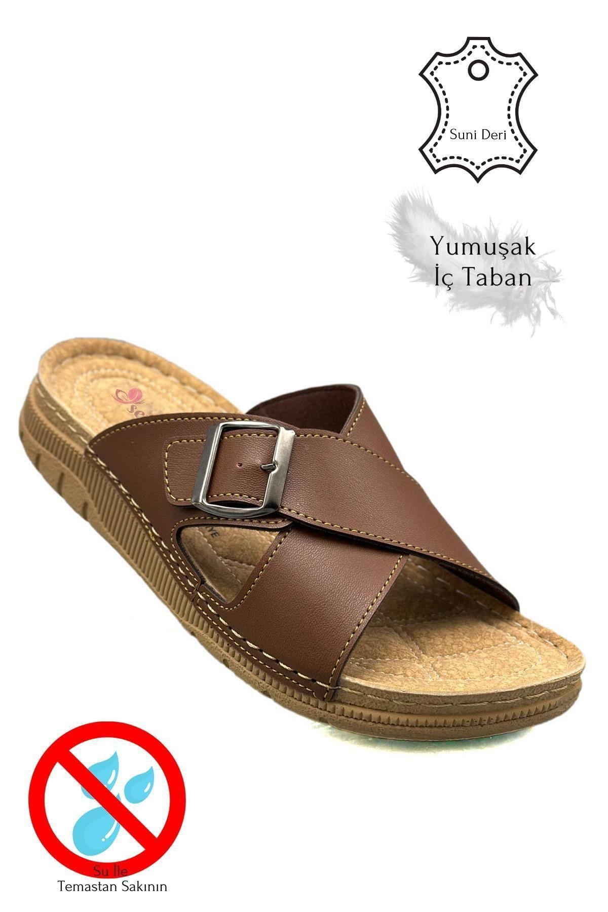 SERMODA , Terlik , Sermoda Çapraz Bant Tokalı Çift Bant Hafif Tabanlı Suni Deri Erkek Terlik 521 Taba