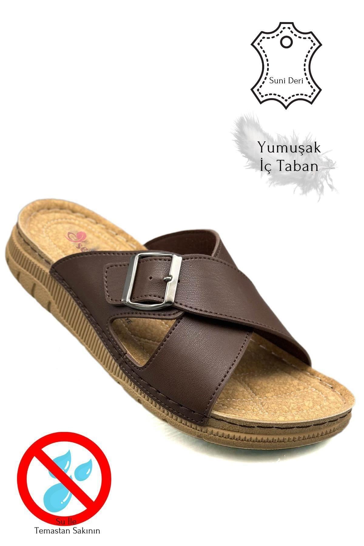 SERMODA , Terlik , Sermoda Çapraz Bant Tokalı Çift Bant Hafif Tabanlı Suni Deri Erkek Terlik 521 Kahve