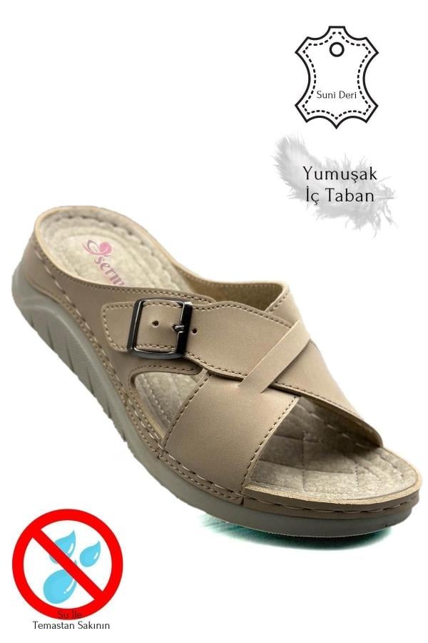 SERMODA , Terlik , Sermoda Çapraz Bant Tokalı Yumuşak ve Hafif Kalın Tabanlı Kadın Terlik Spor Terlik 521/3 Bej