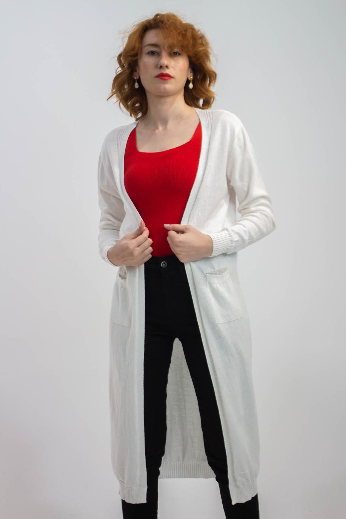 Sermoda Cepli Uzun Triko Kadın Hırka 6027 Ekru