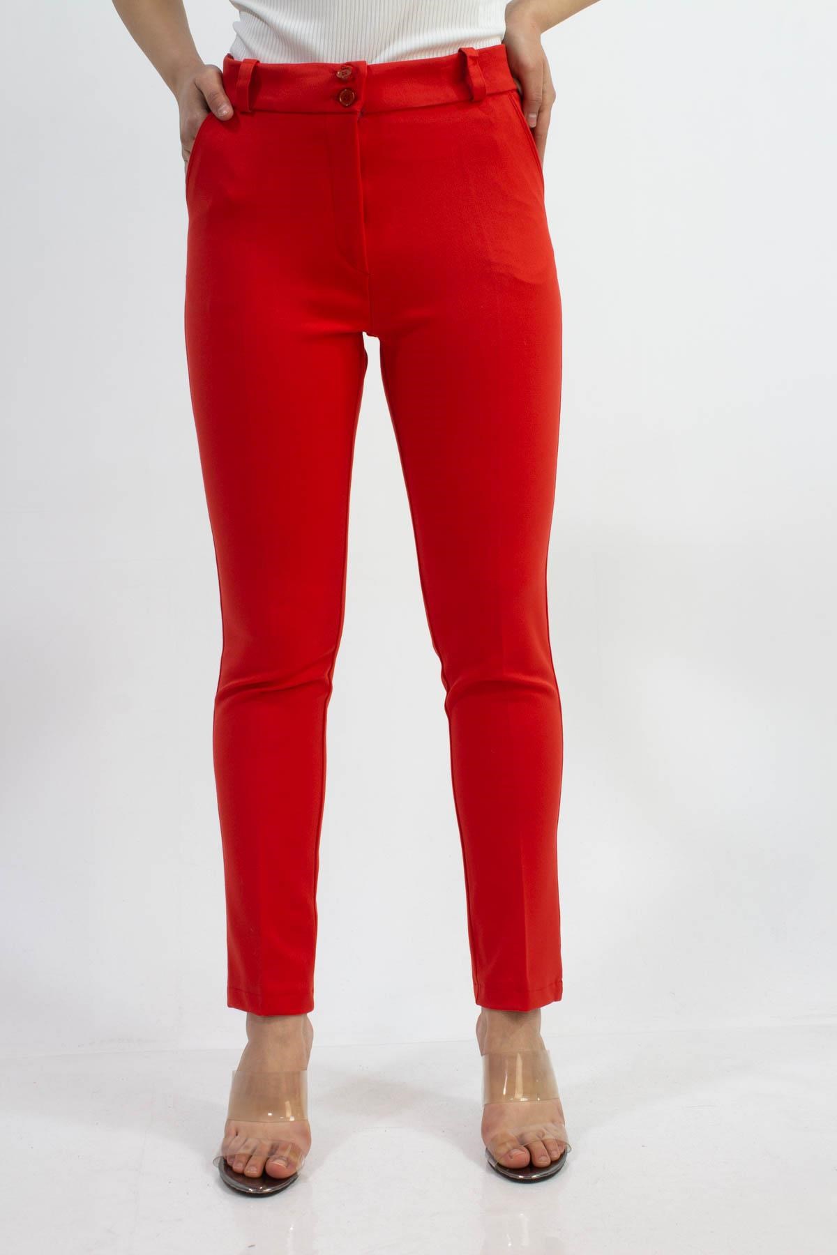 Sermoda Çift Düğmeli Kumaş Kadın Pantolon 1019 Kırmızı