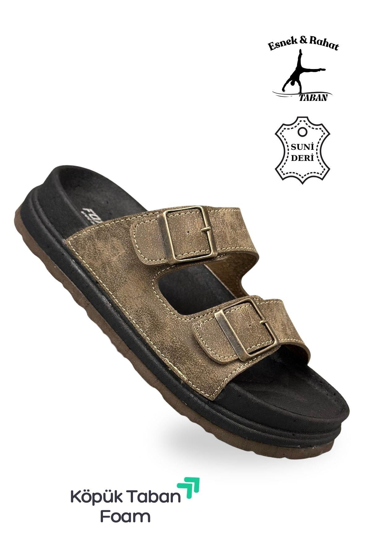 SERMODA , Terlik , Sermoda Çift Toka Ayarlanabilir Genişlik Köpük Taban Rahat Deri Erkek Terlik Vizon