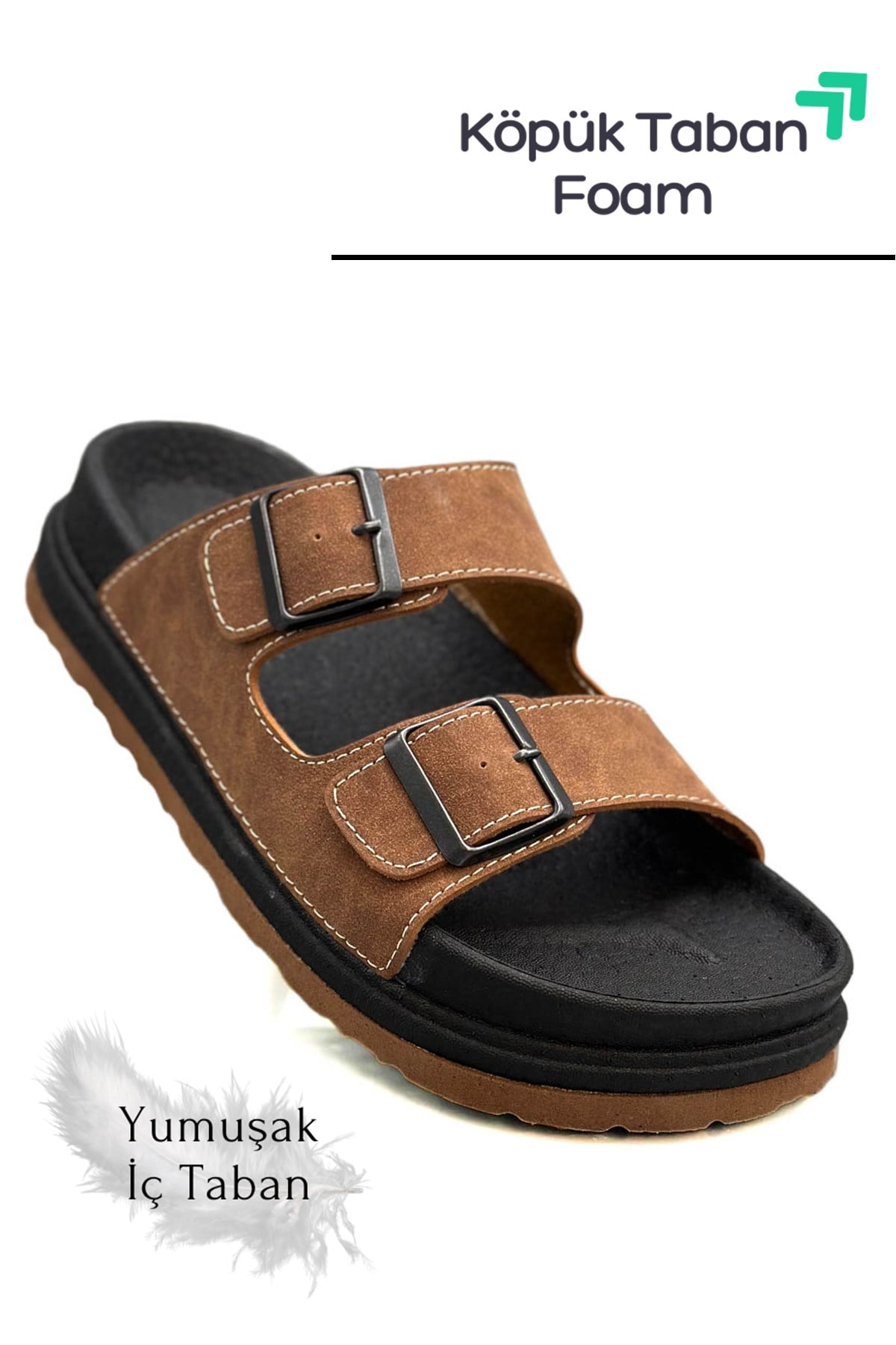 SERMODA , Terlik , Sermoda Çift Toka Ayarlanabilir Genişlik Köpük Taban Rahat Deri Erkek Terlik Taba