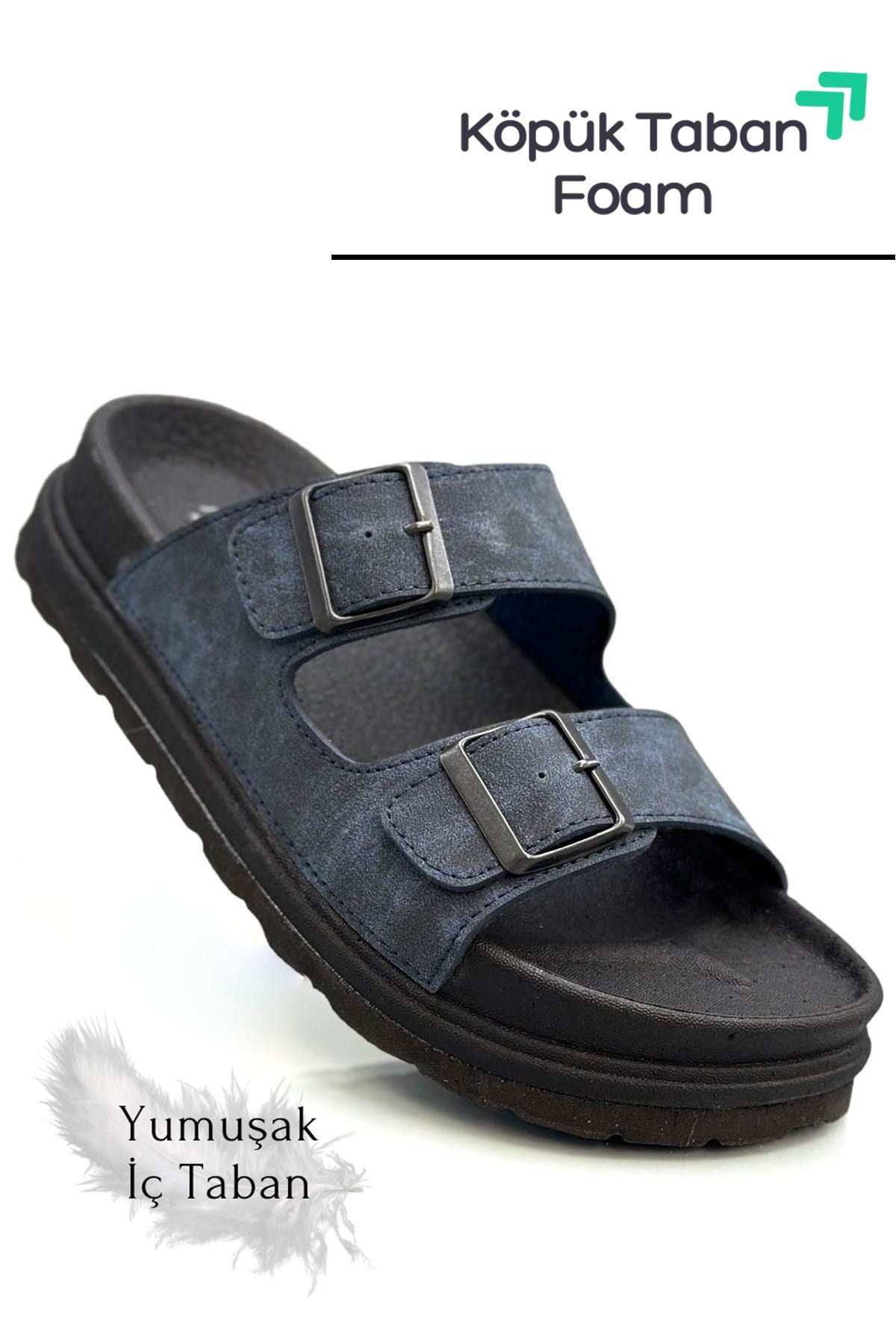 SERMODA , Terlik , Sermoda Çift Toka Ayarlanabilir Genişlik Köpük Taban Rahat Deri Erkek Terlik Lacivert