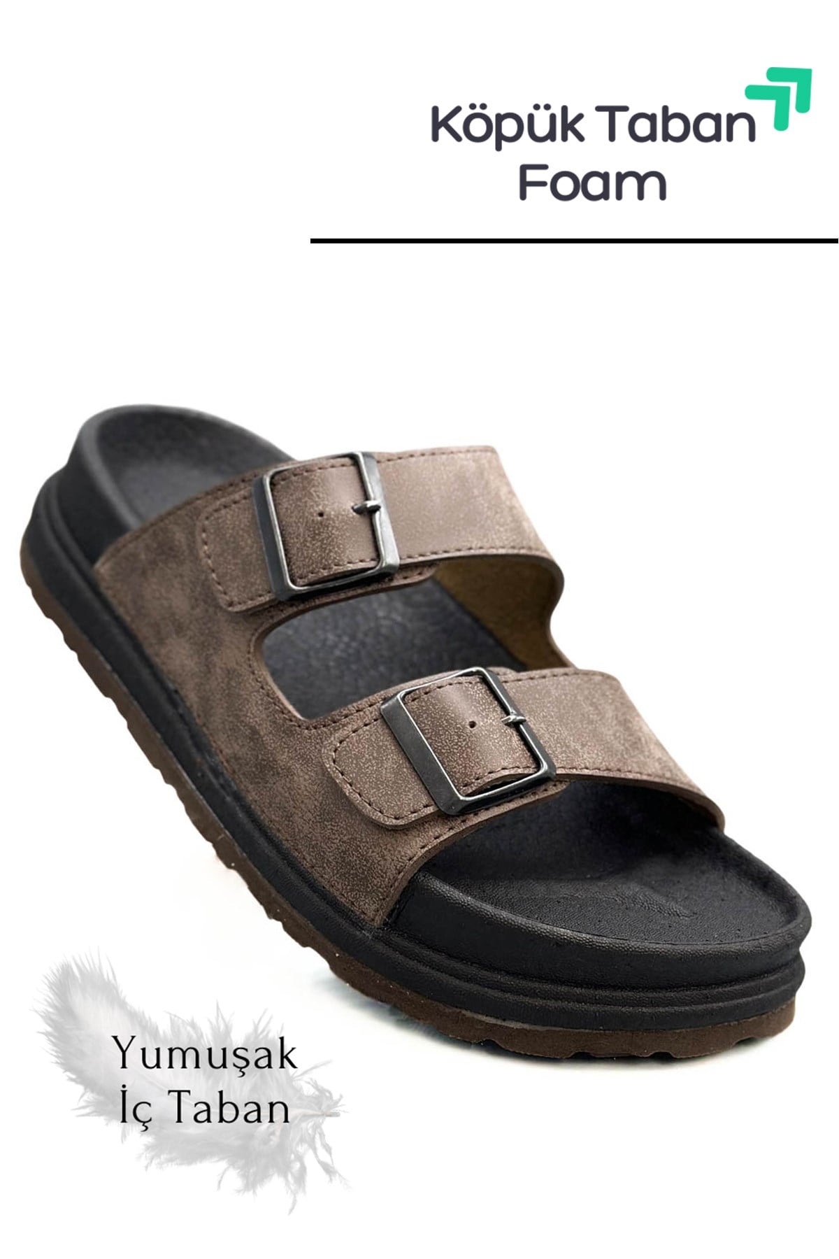 SERMODA , Terlik , Sermoda Çift Toka Ayarlanabilir Genişlik Köpük Taban Rahat Deri Erkek Terlik Kahve