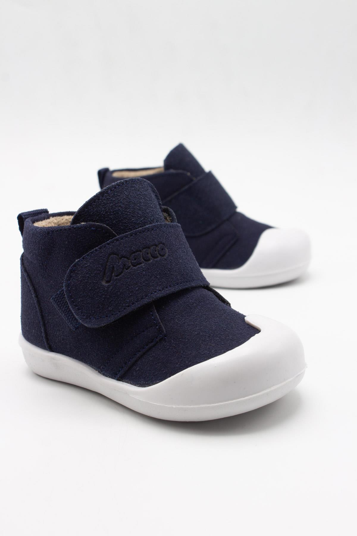 Sermoda Cırtlı Şapkalı Taban Deri Bebek Bot Lacivert