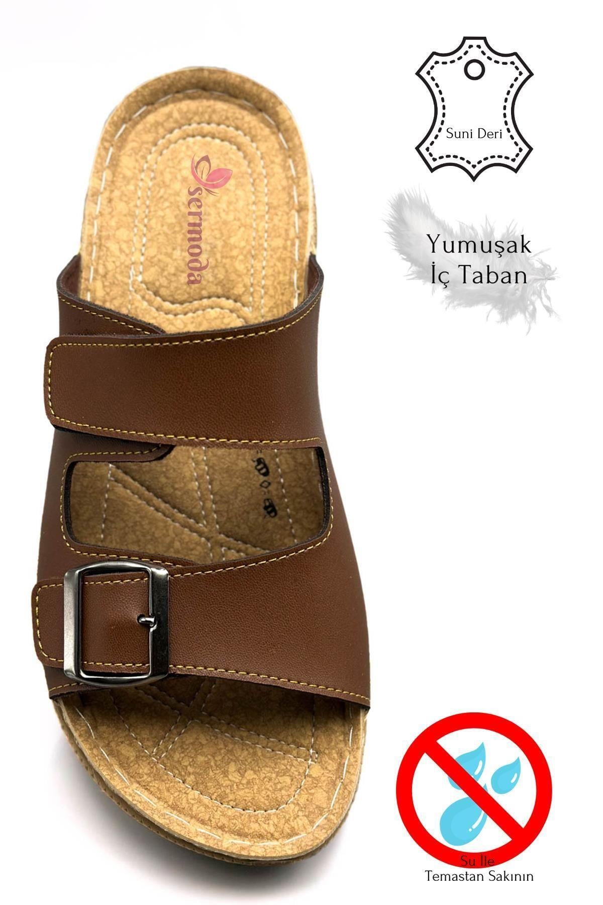 Sermoda Cırtlı ve Tokalı Çift Bant Hafif Tabanlı Suni Deri Erkek Terlik 521/5 Taba