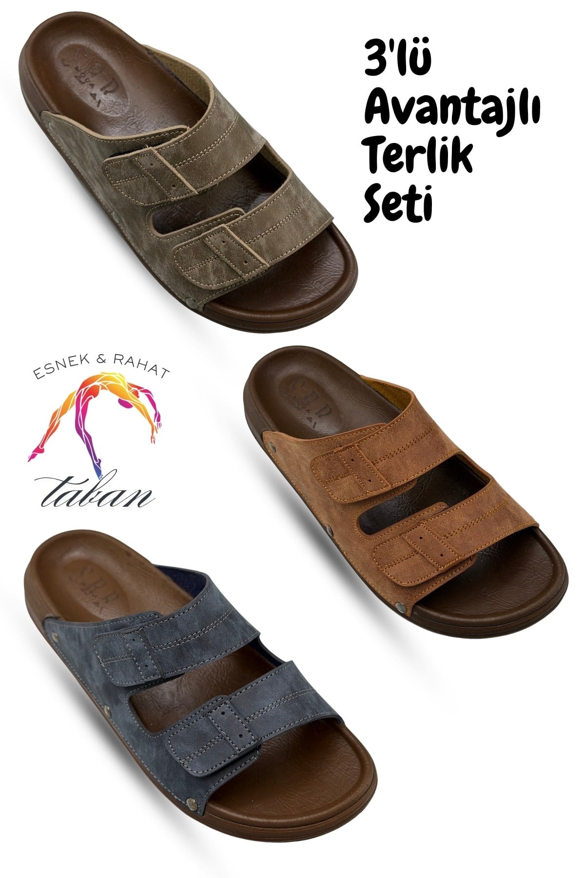 SERMODA , Slippers , Sermoda Deri Terlik - 3 lü Set Çift Cırtlı Ayarlanabilir Suni Deri Terlik