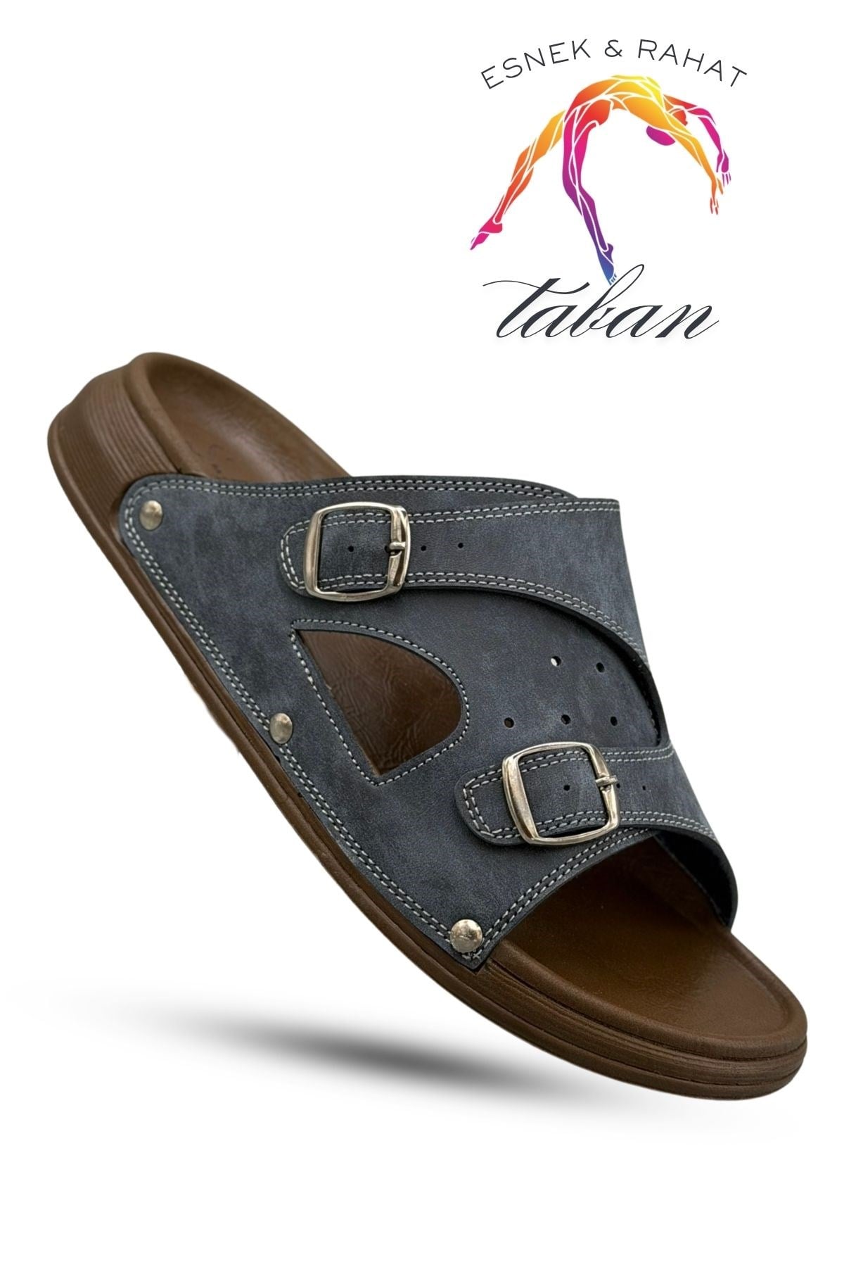 SERMODA , Slippers , Sermoda Erkek Terlik - Çift Toka Ayarlanabilir Esnek Taban Deri Erkek Terlik T Lacivert