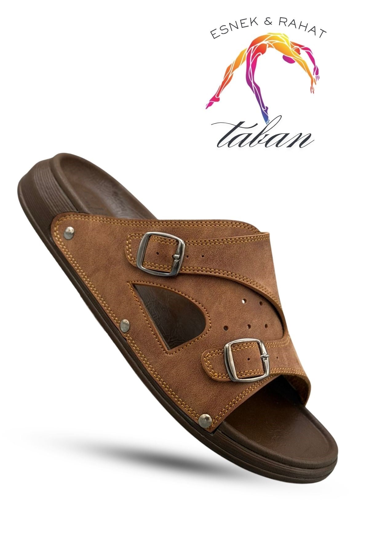 SERMODA , Slippers , Sermoda Erkek Terlik - Çift Toka Ayarlanabilir Esnek Taban Deri Erkek Terlik T Taba