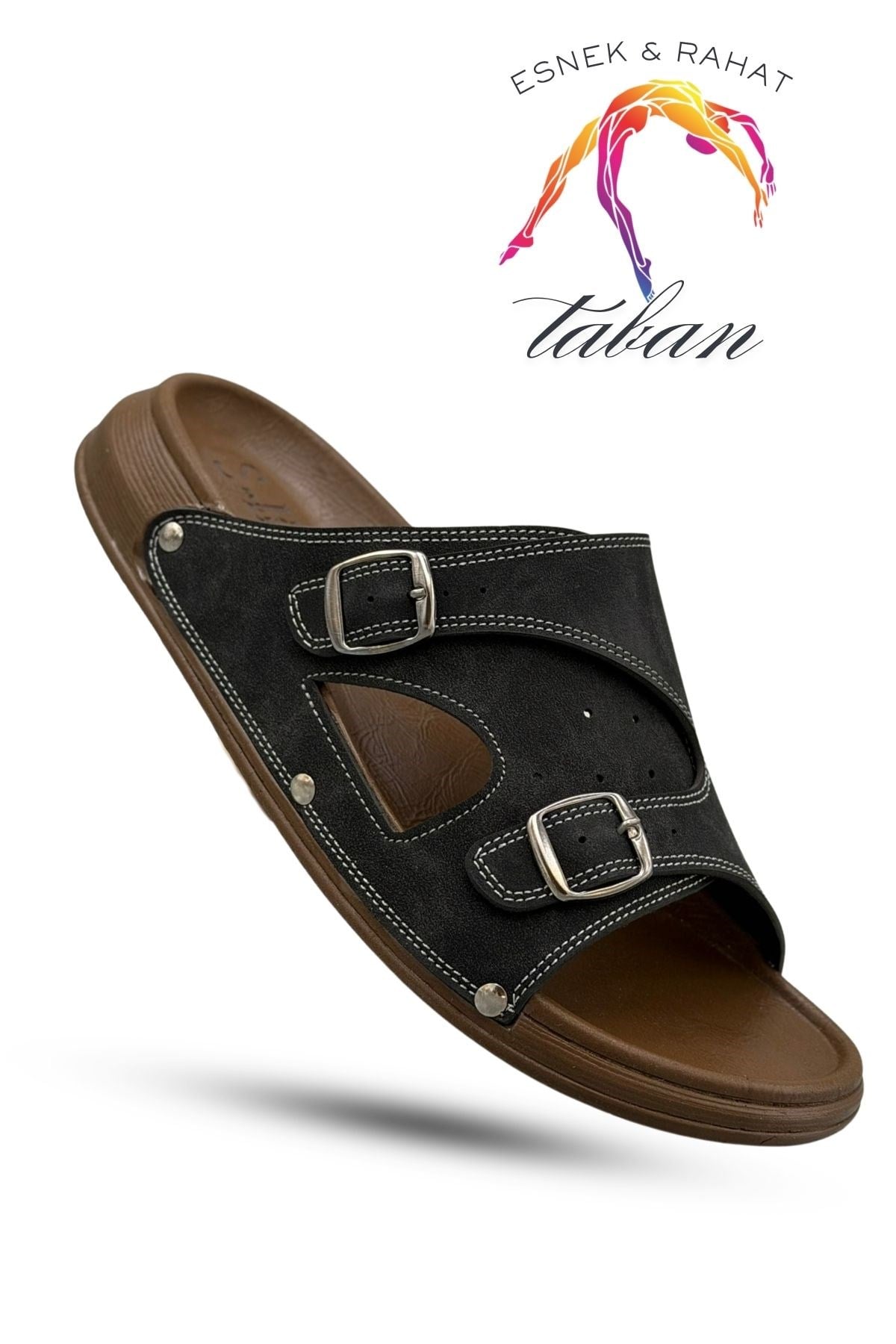 SERMODA , Slippers , Sermoda Erkek Terlik - Çift Toka Ayarlanabilir Esnek Taban Deri Erkek Terlik T Siyah