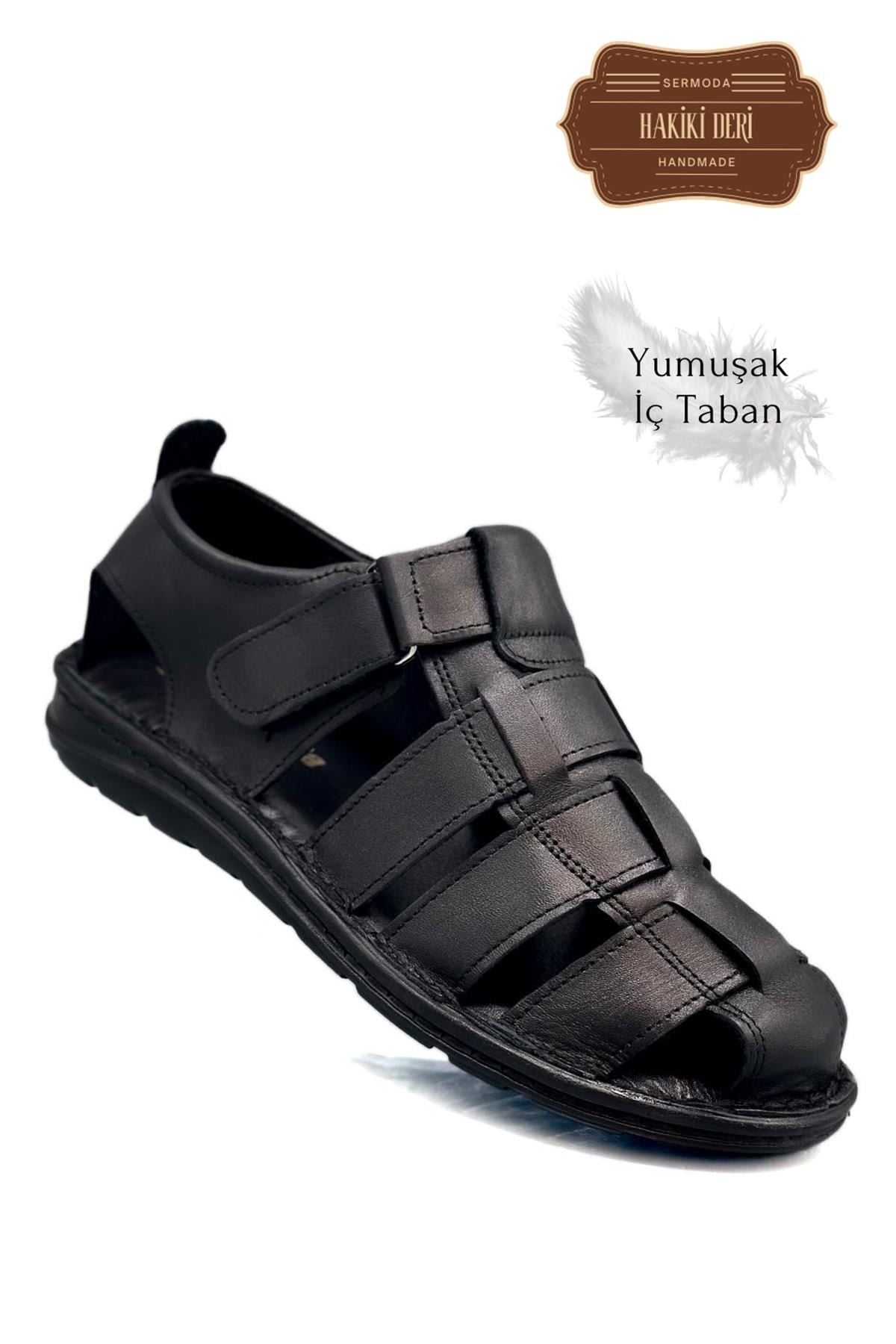 SERMODA , Sandalet , Sermoda Hakiki Deri Burnu Kapalı Erkek Sandalet Siyah