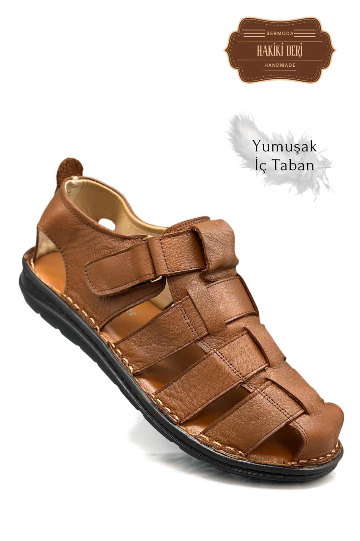 SERMODA , Sandalet , Sermoda Hakiki Deri Burnu Kapalı Erkek Sandalet Taba