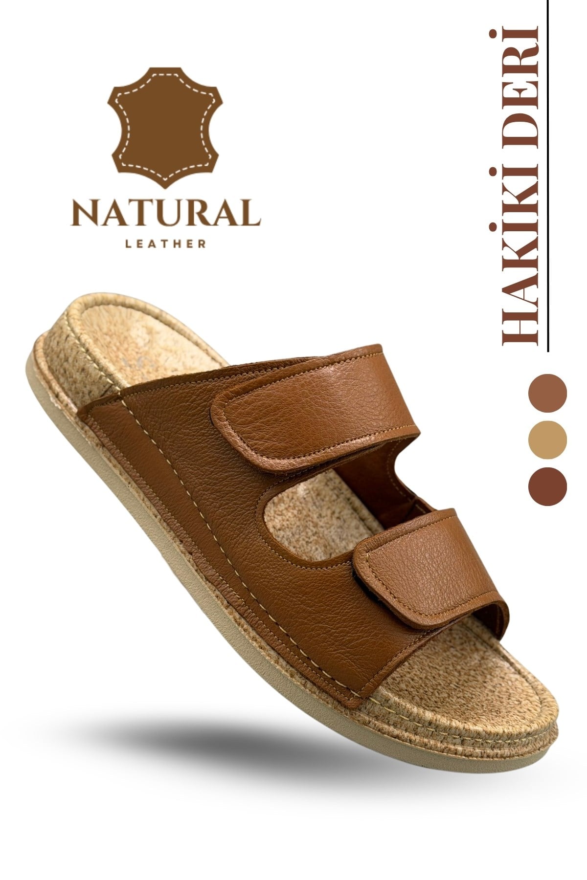 SERMODA , Slippers , Sermoda Hakiki Deri Erkek Terlik - Çift Cırtlı Ayarlanabilir Masajlı Taban Hakiki Deri Erkek Terlik C Taba