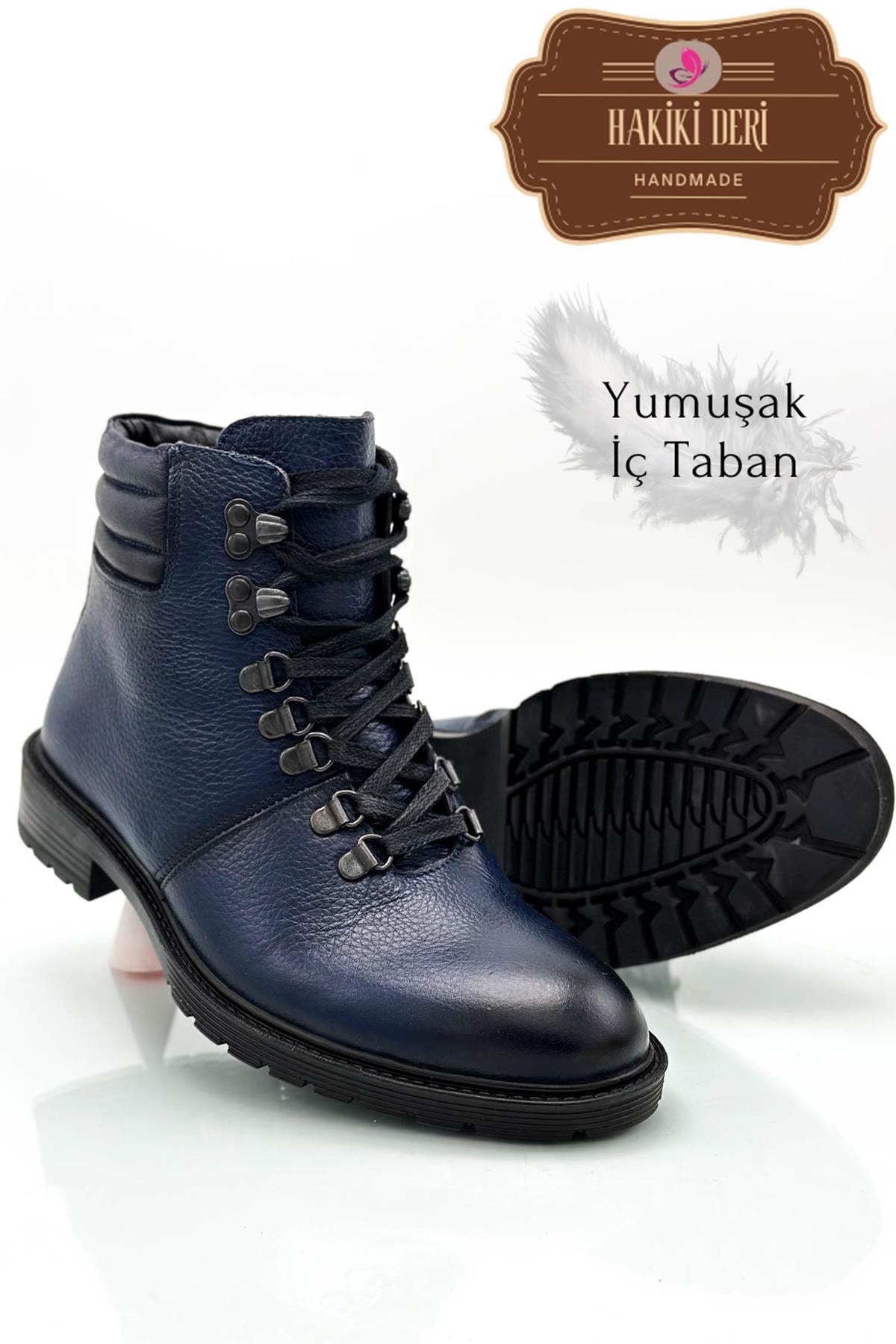 Sermoda Hakiki Deri İç Taban Pedli Kaymaz Taban Bağlı Fermuarlı Deri Erkek Bot Şırıngıl Laci