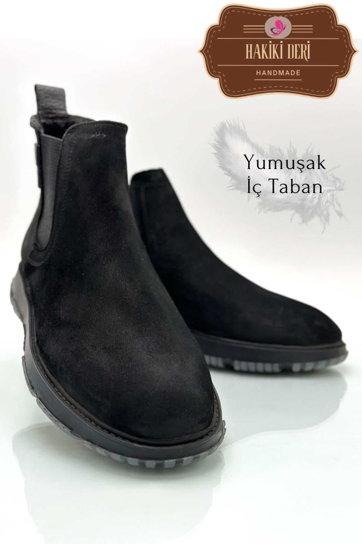 Sermoda Hakiki Deri İç Taban Pedli Kaymaz Şefaf Taban Lastikli Deri Erkek Bot Siyah Nubuk