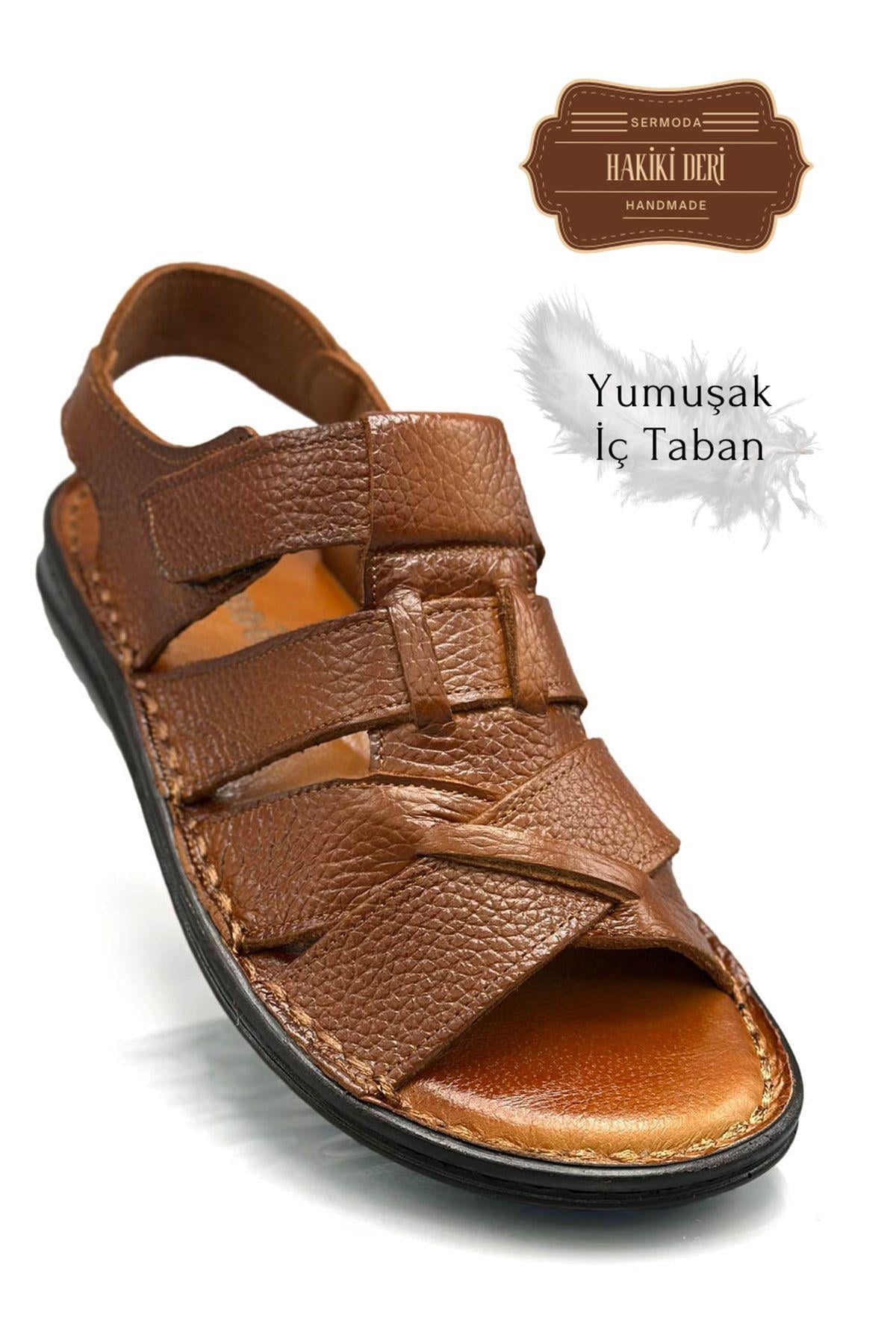 SERMODA , Terlik , Sermoda Hakiki Gerçek Deri Cırtlı Erkek Sandalet Çapraz Şır Taba