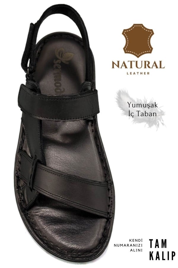 SERMODA , Terlik , Sermoda Hakiki Gerçek Deri Cırtlı Erkek Sandalet Siyah