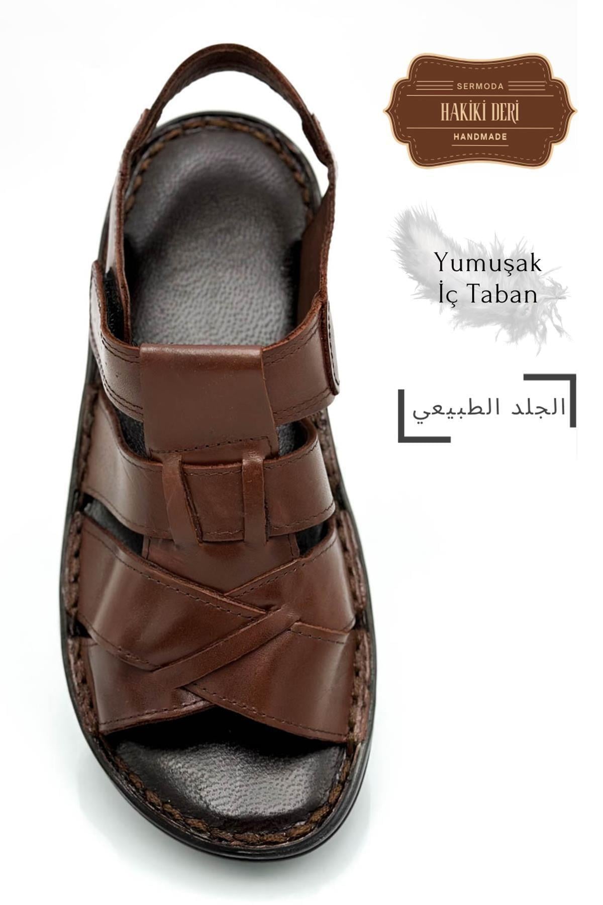 Sermoda Hakiki Gerçek Deri Cırtlı Erkek Sandalet Çapraz Kahve