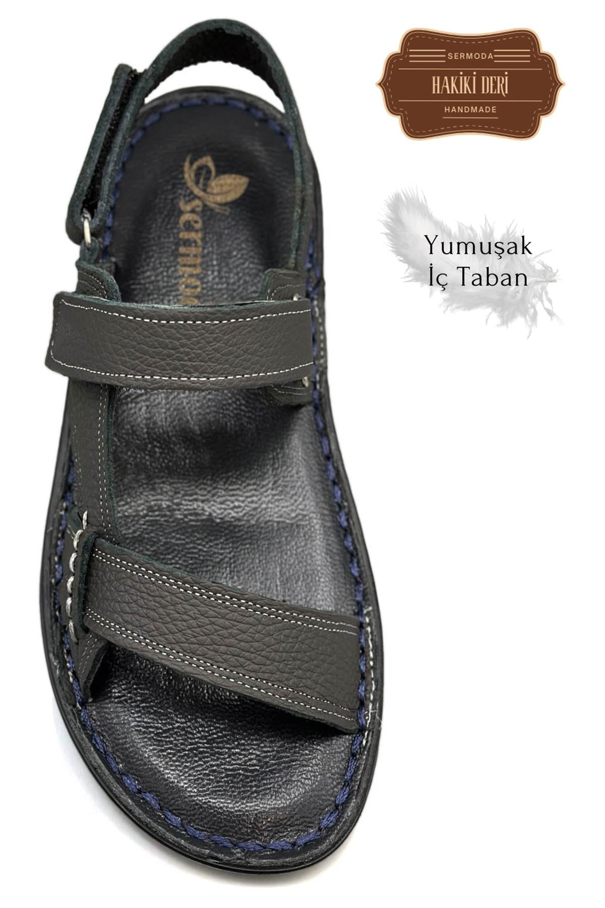 SERMODA , Terlik , Sermoda Hakiki Gerçek Deri Cırtlı Erkek Sandalet Şırıngıl Füme