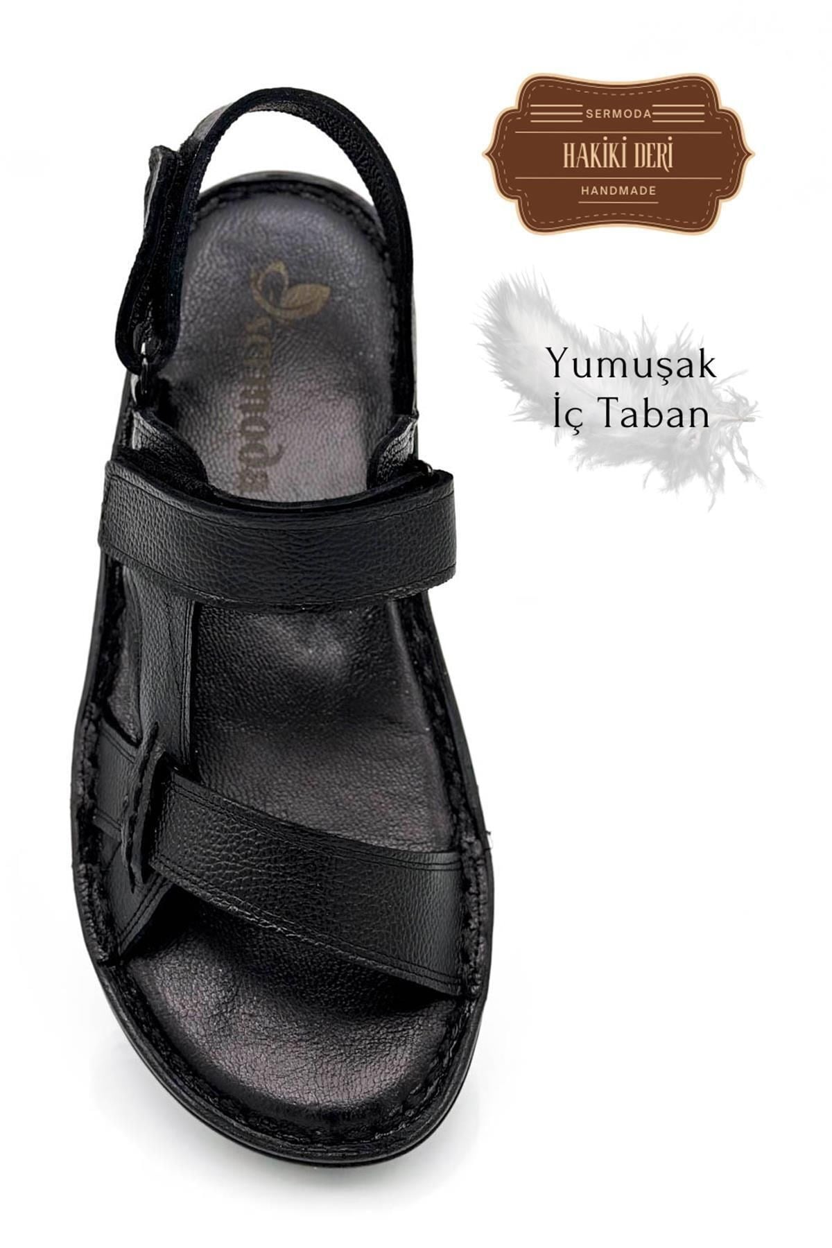 SERMODA , Sandalet , Sermoda Hakiki Gerçek Deri Cırtlı Erkek Sandalet Şırıngıl Siyah