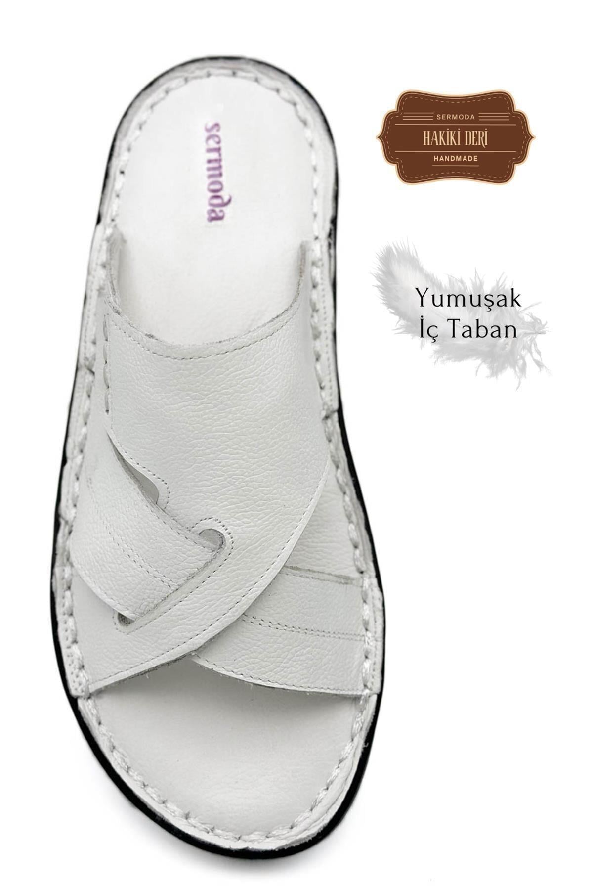 Sermoda Hakiki Gerçek Deri Erkek Terlik Hafif Terlik Deri G Şır Beyaz