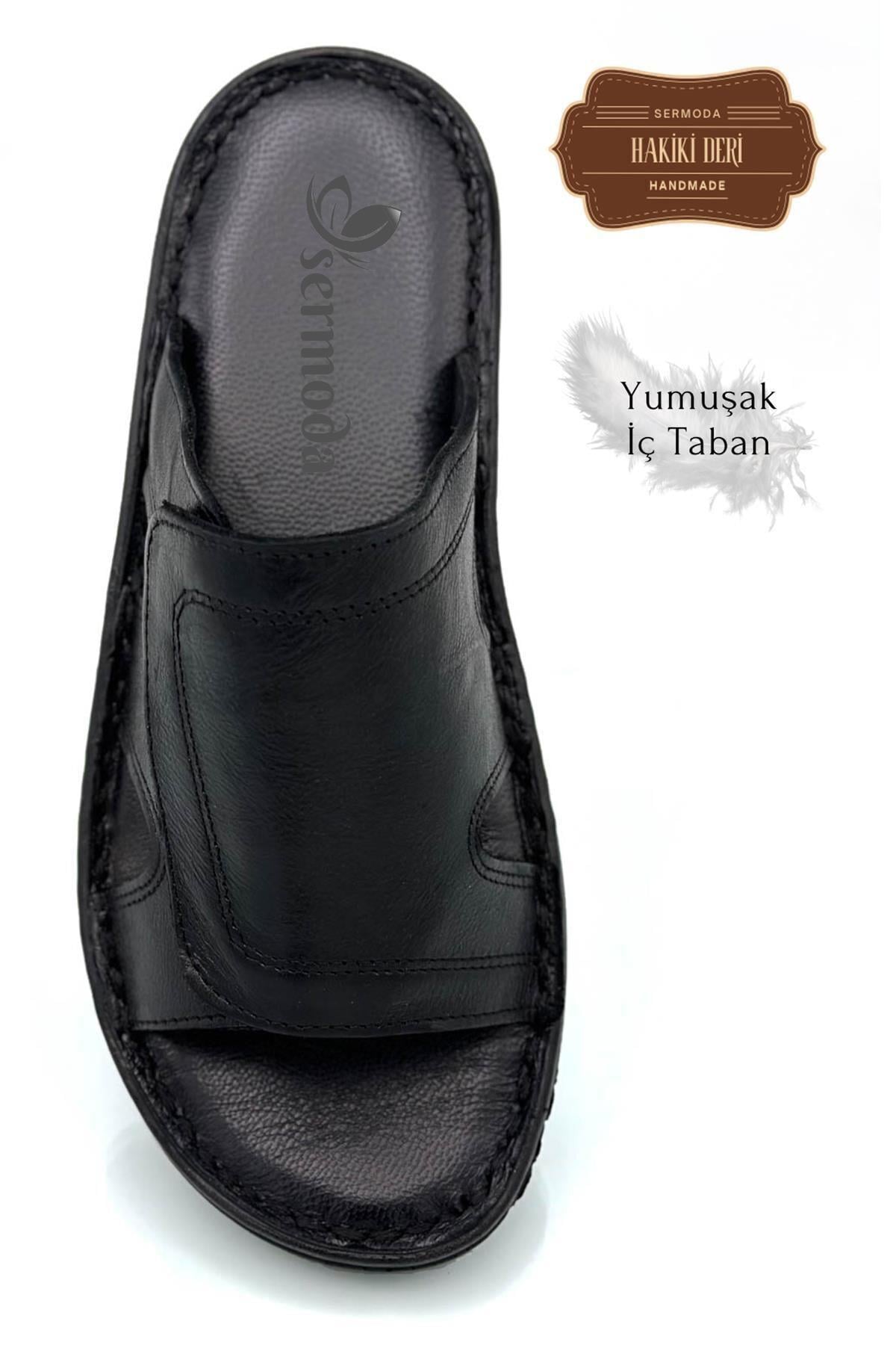 Sermoda Hakiki Gerçek Deri Erkek Terlik Hafif Terlik Deri C Siyah