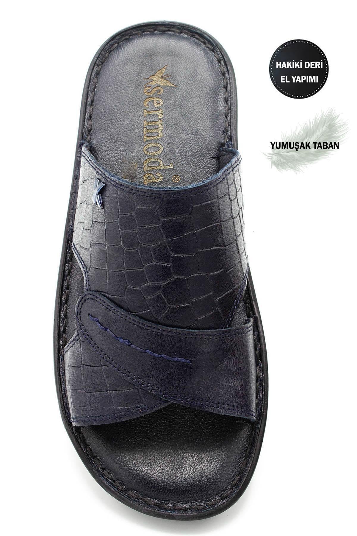 SERMODA , Terlik , Sermoda Hakiki Gerçek Deri Erkek Terlik Hafif Terlik Deri 3D Lacivert