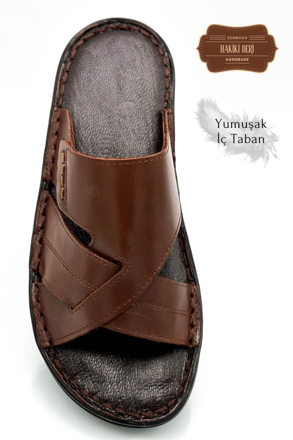 Sermoda Hakiki Gerçek Deri Erkek Terlik Hafif Terlik Deri G Kahve