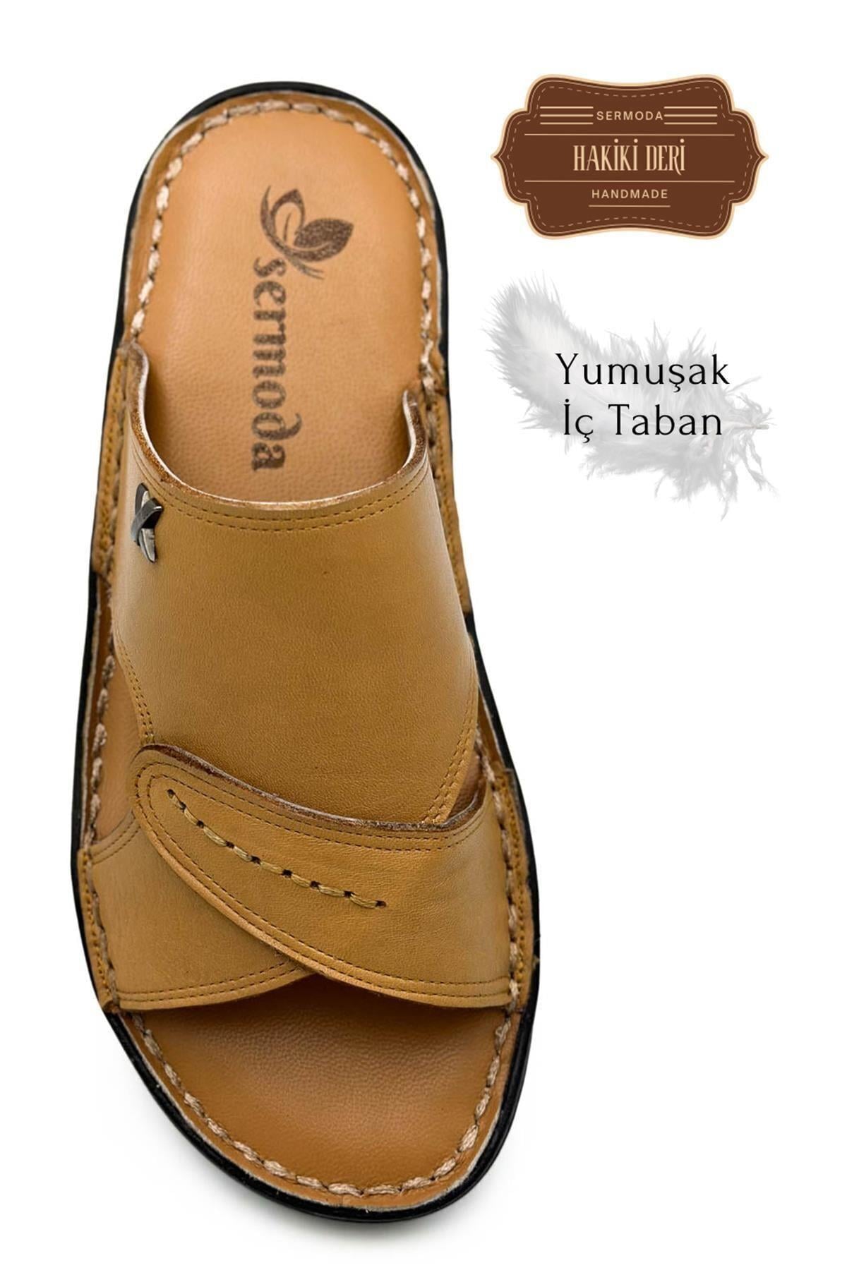 Sermoda Hakiki Gerçek Deri Erkek Terlik Hafif Terlik Deri Naturel