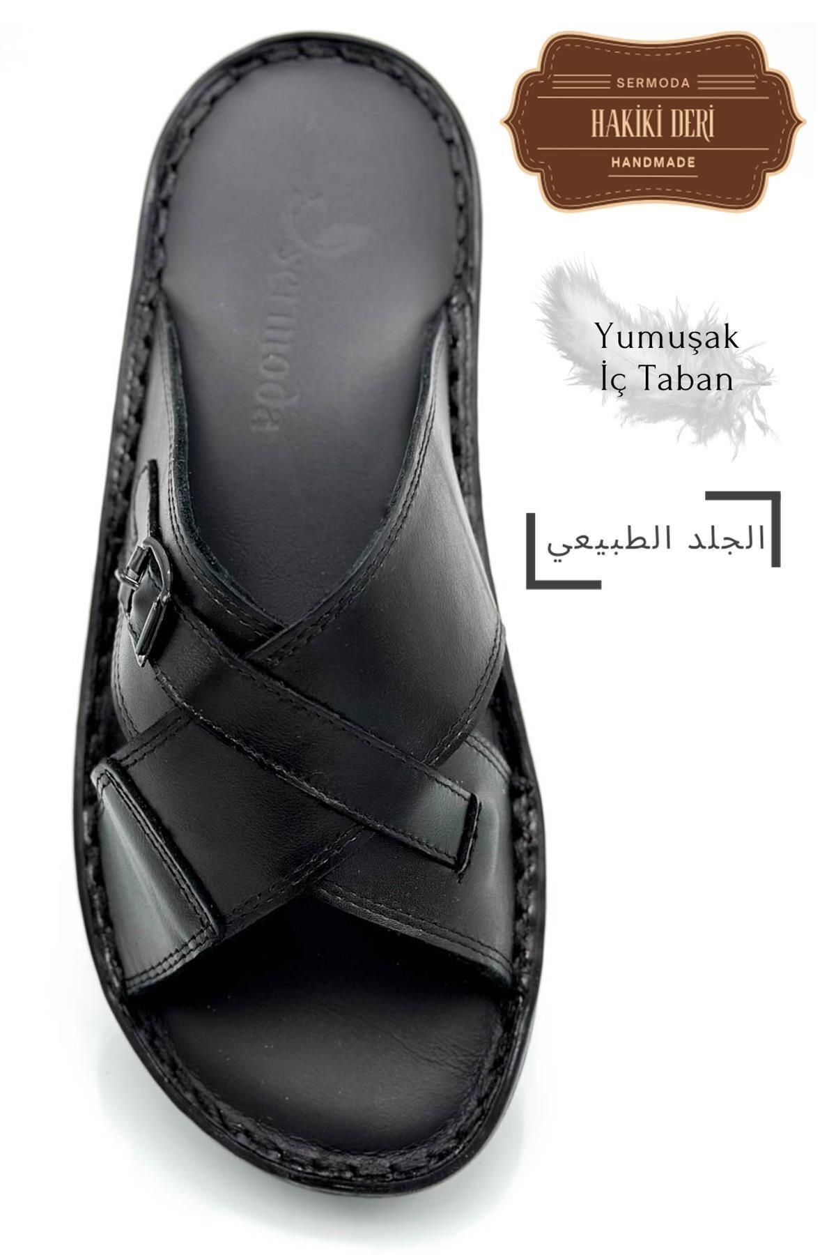 Sermoda Hakiki Gerçek Deri Erkek Terlik Hafif Terlik Deri T Siyah