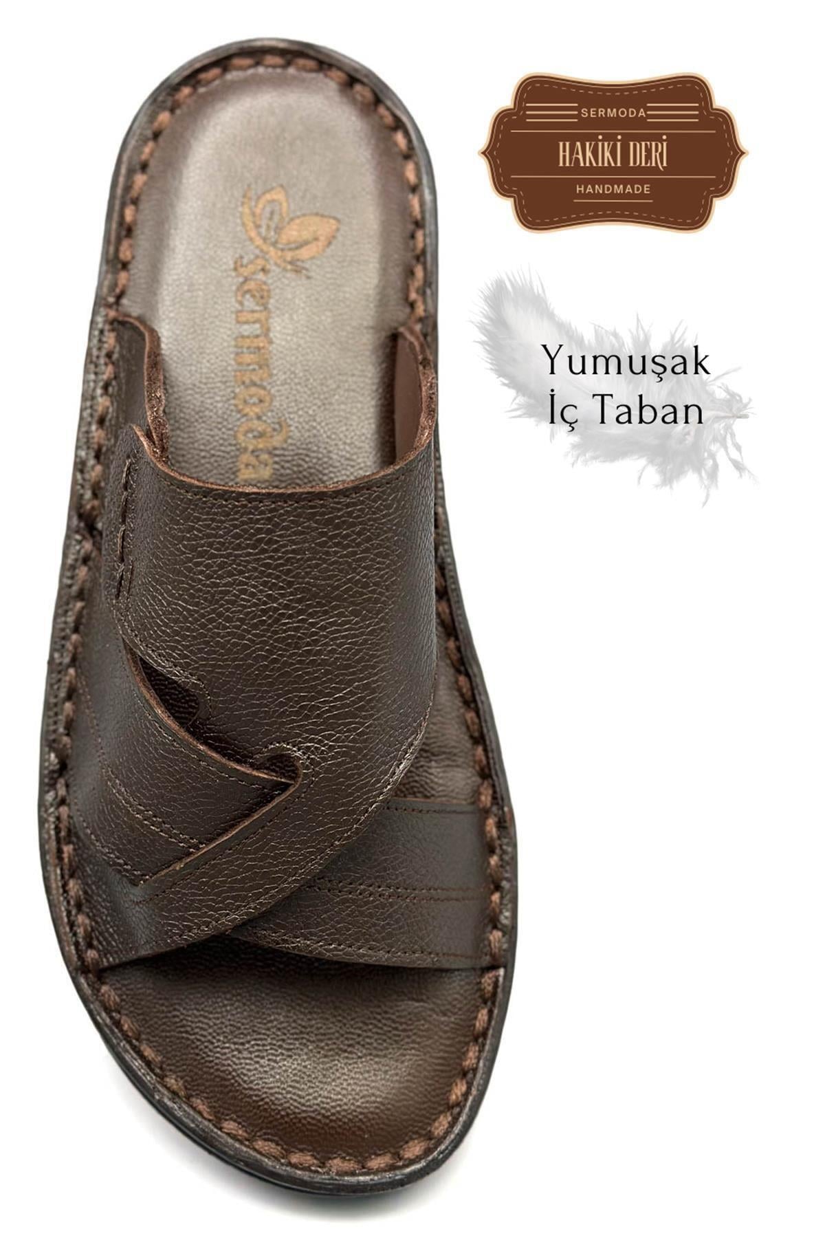 Sermoda Hakiki Gerçek Deri Erkek Terlik Hafif Terlik Deri G Şır Kahve