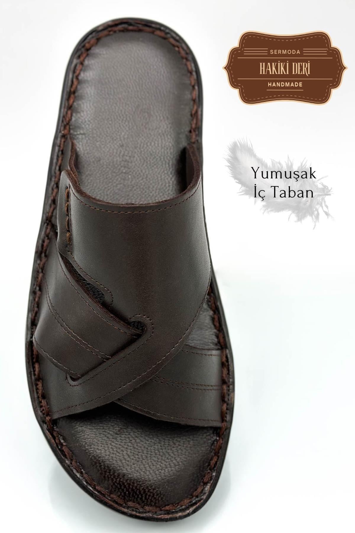 Sermoda Hakiki Gerçek Deri Erkek Terlik Hafif Terlik Deri GK Kahve