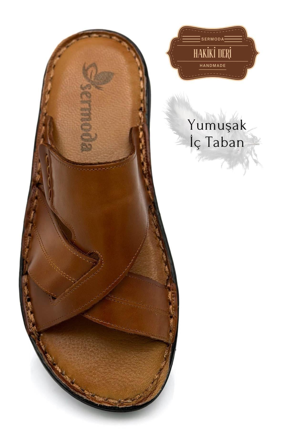 Sermoda Hakiki Gerçek Deri Erkek Terlik Hafif Terlik Deri G Taba