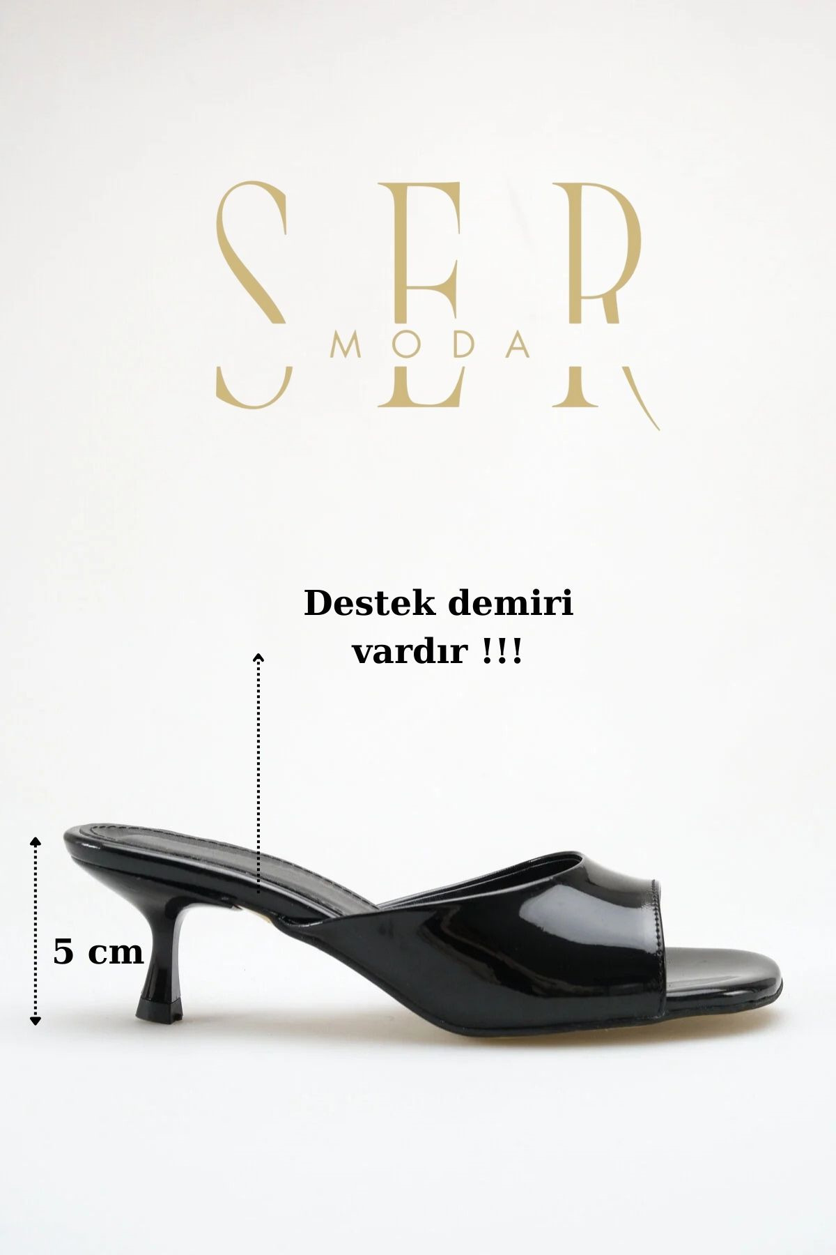 SERMODA , Terlik , Topuklu Kadın Terlik - 5 cm İnce Topuklu Küt Burun Kadın Terlik Rugan Siyah