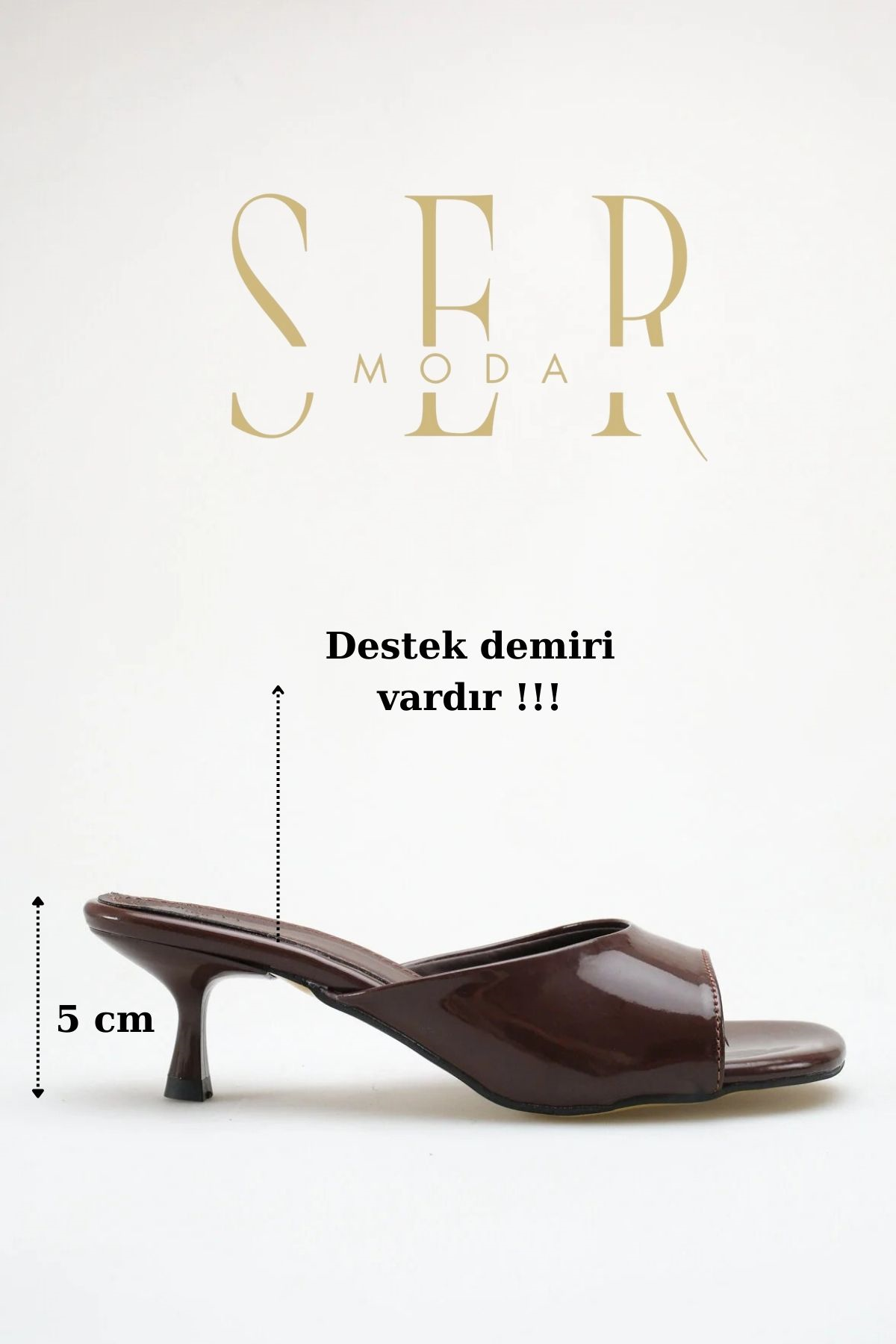 SERMODA , Terlik , Topuklu Kadın Terlik - 5 cm İnce Topuklu Küt Burun Kadın Terlik Rugan Kahve