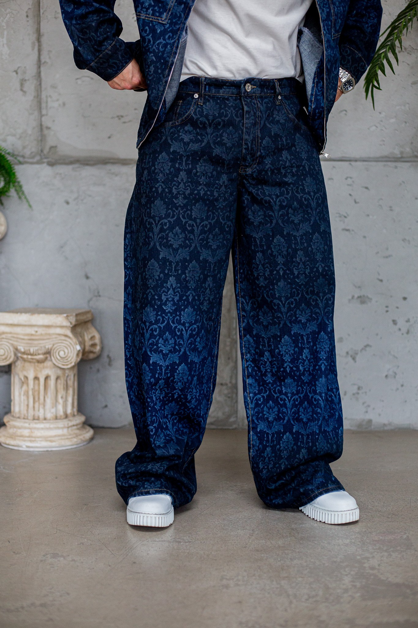 Barok Desenli Denim Ceket ve Baggy Pantolon Takımı (TK71)