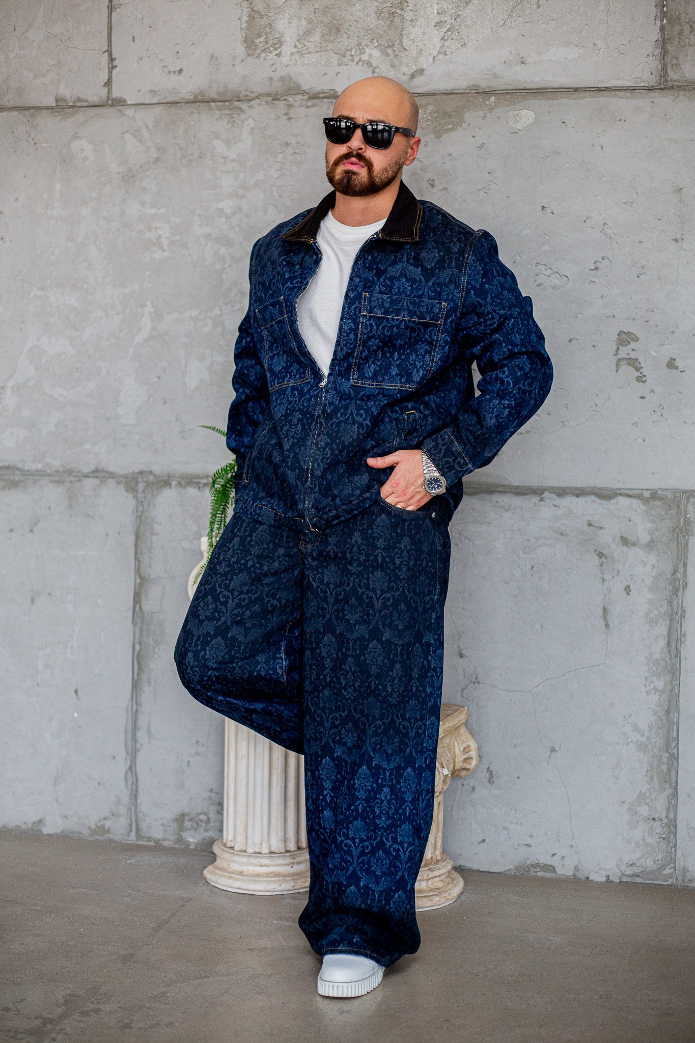 Barok Desenli Denim Ceket ve Baggy Pantolon Takımı (TK71)