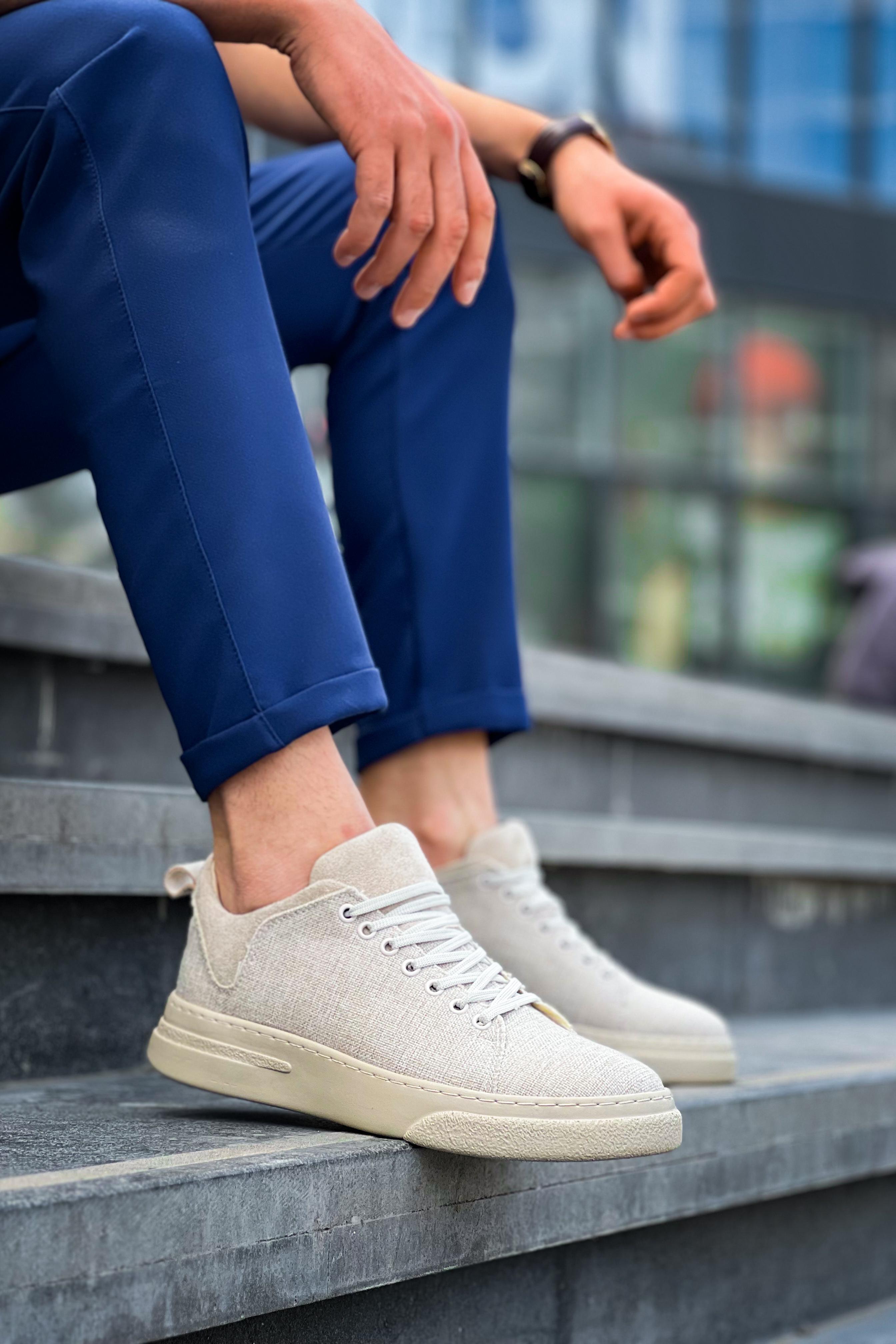 Bej Keten Kalın Taban Erkek Sneaker (AYKK06)