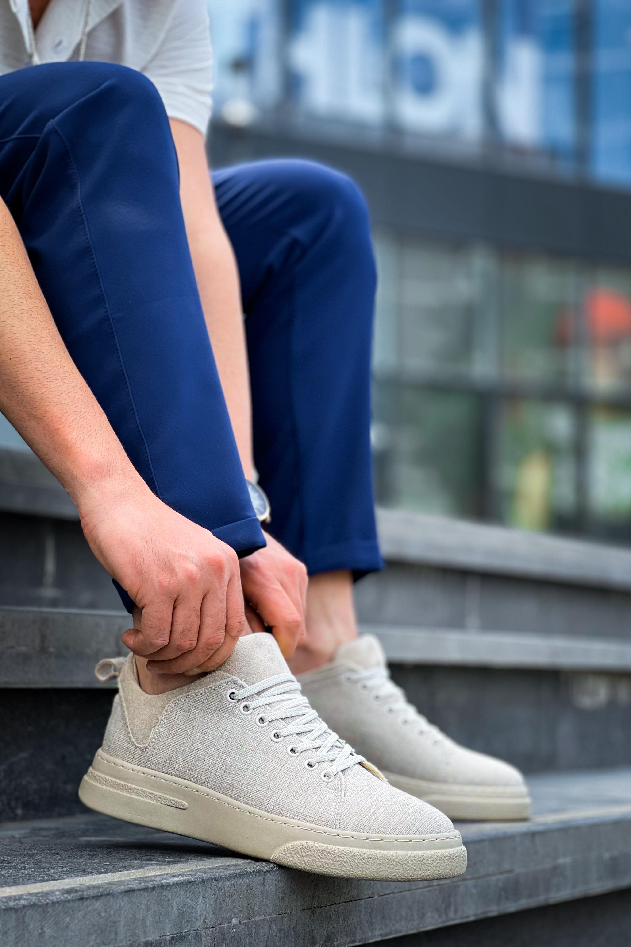 Bej Keten Kalın Taban Erkek Sneaker (AYKK06)