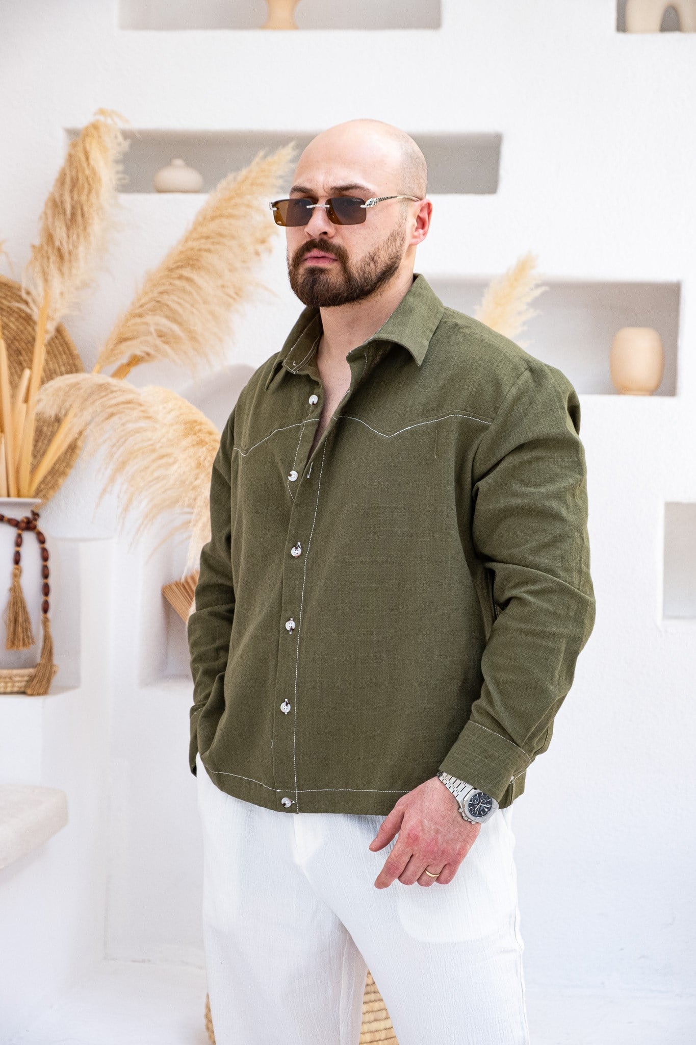 Box Fit Kontrast Nakışlı Keten Gömlek (GMY119)